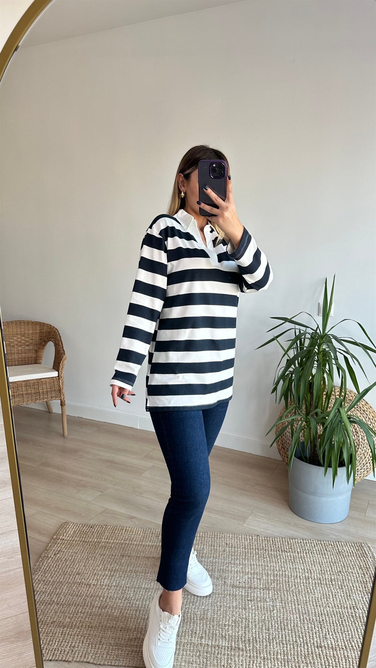 Polo Yaka Kalın Çizgili Basic Sweat