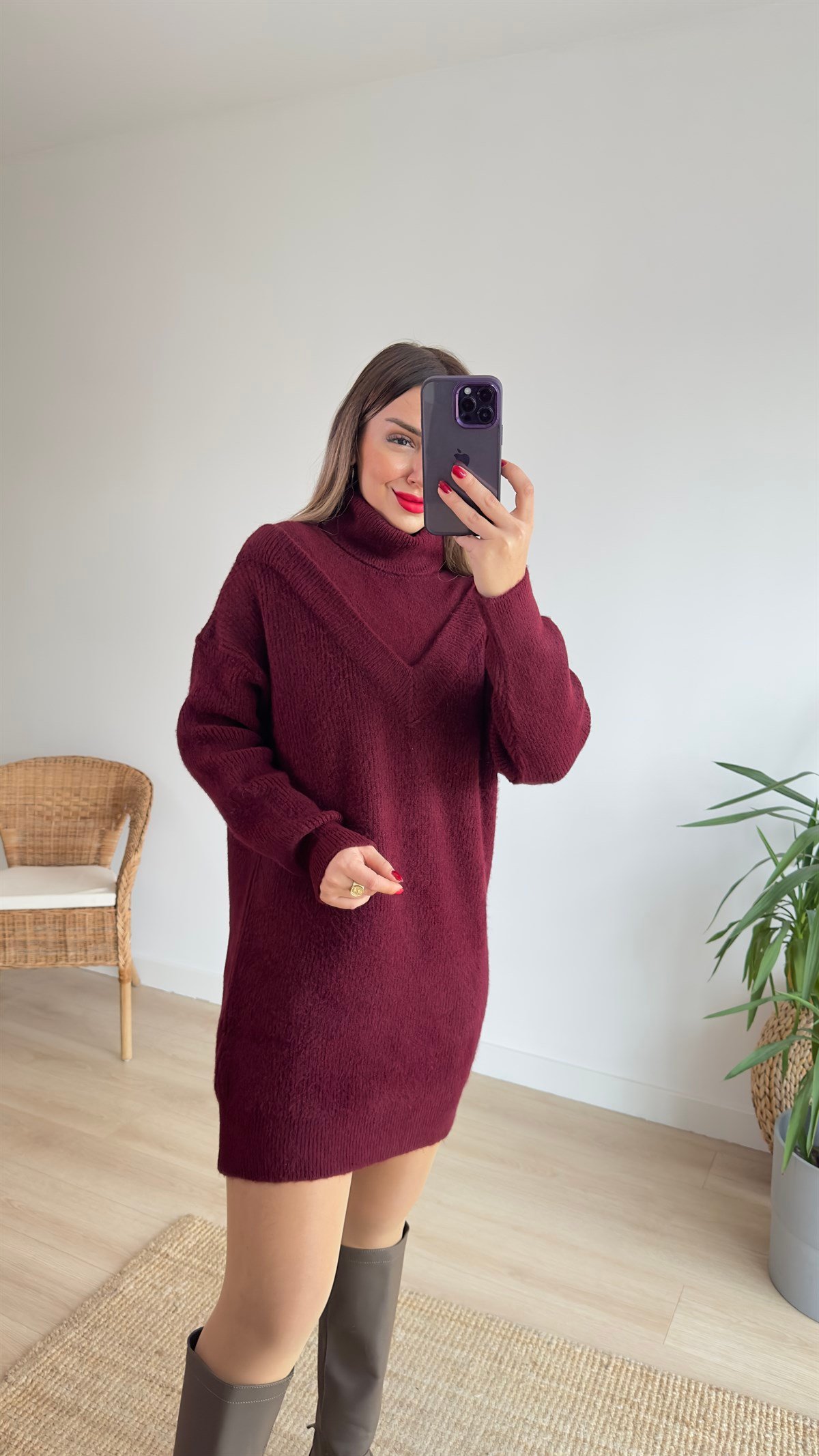 Bordo Boğazlı Tunik Elbise 