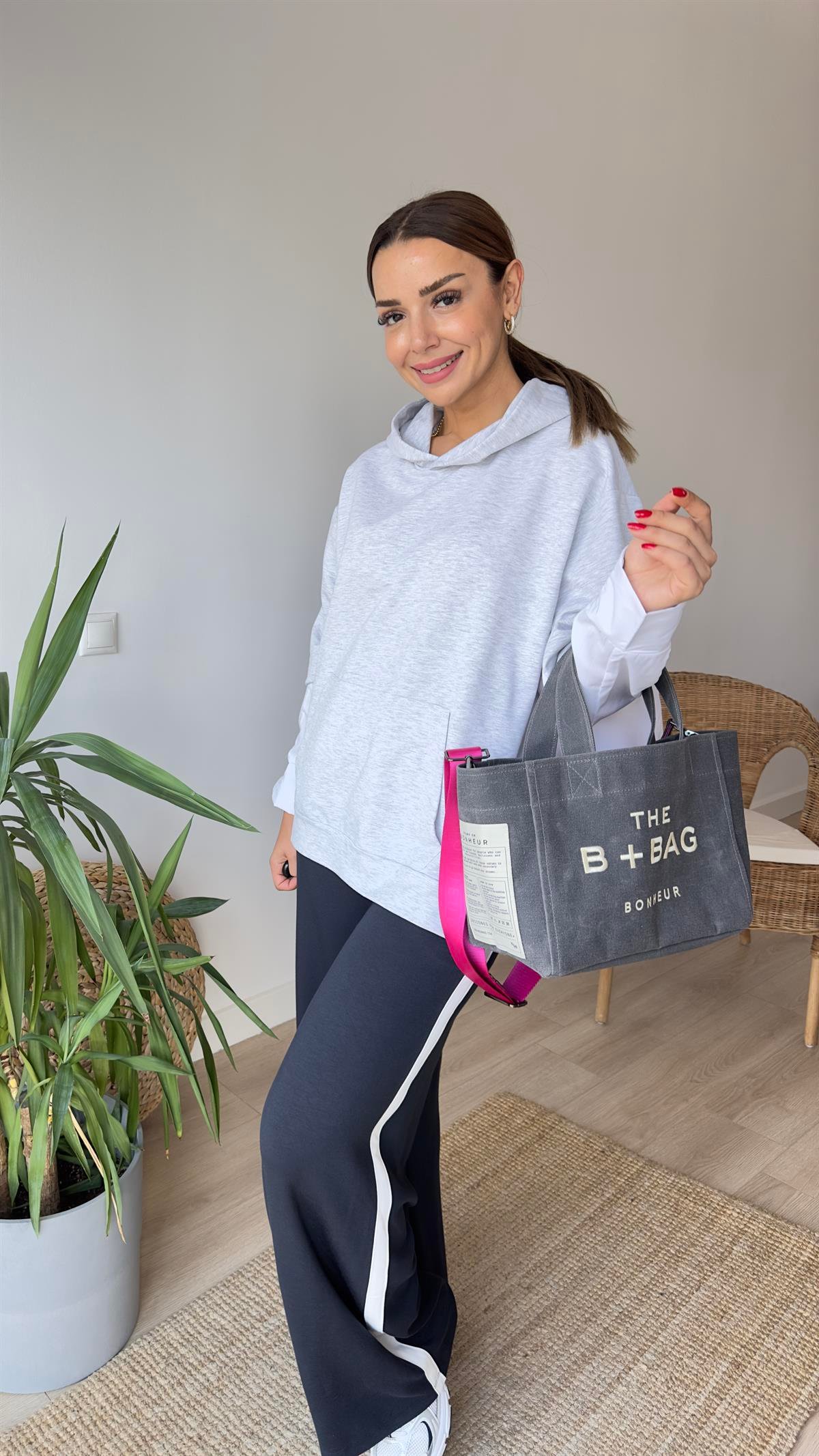Zra Model Sırtı Poplin Kapüşonlu Gri Sweat