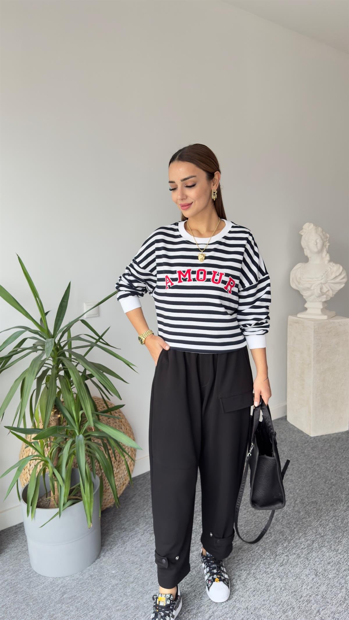 Amour Baskı Çizgili Sweatshirt