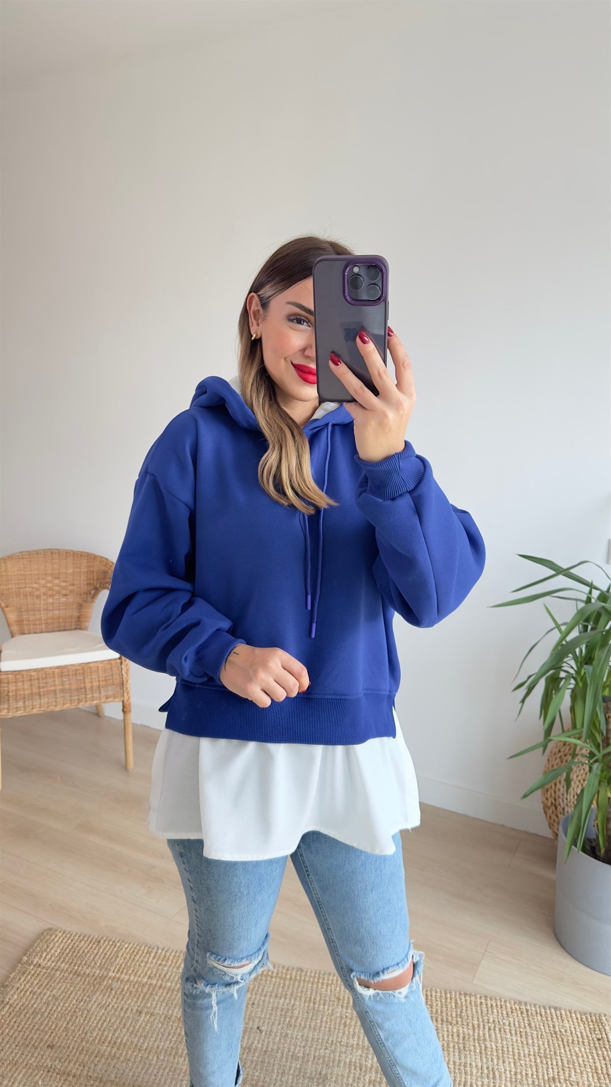 Gömlek Detaylı Mavi Kapüşonlu Sweat