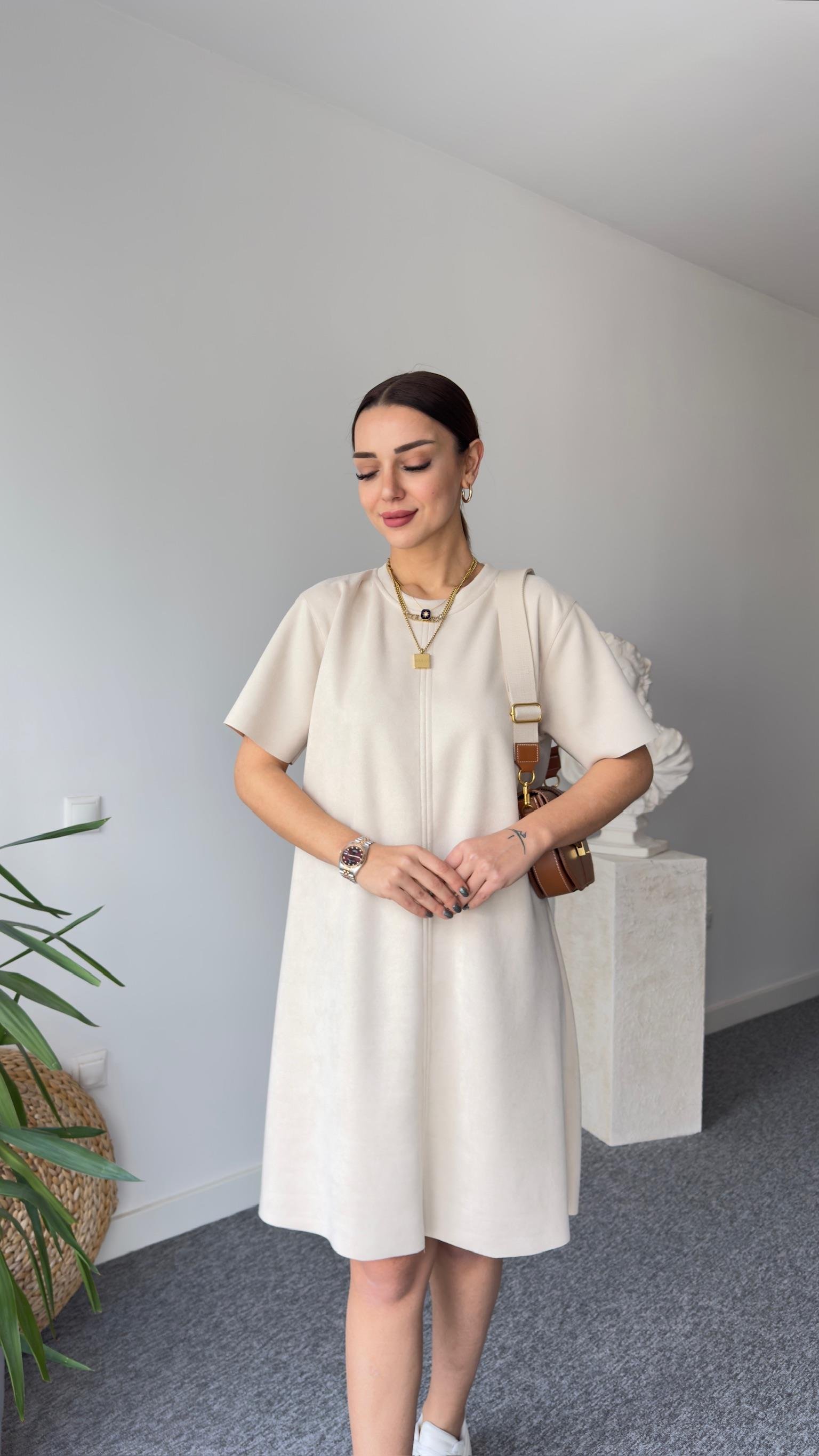 Krem Süet Basic Elbise
