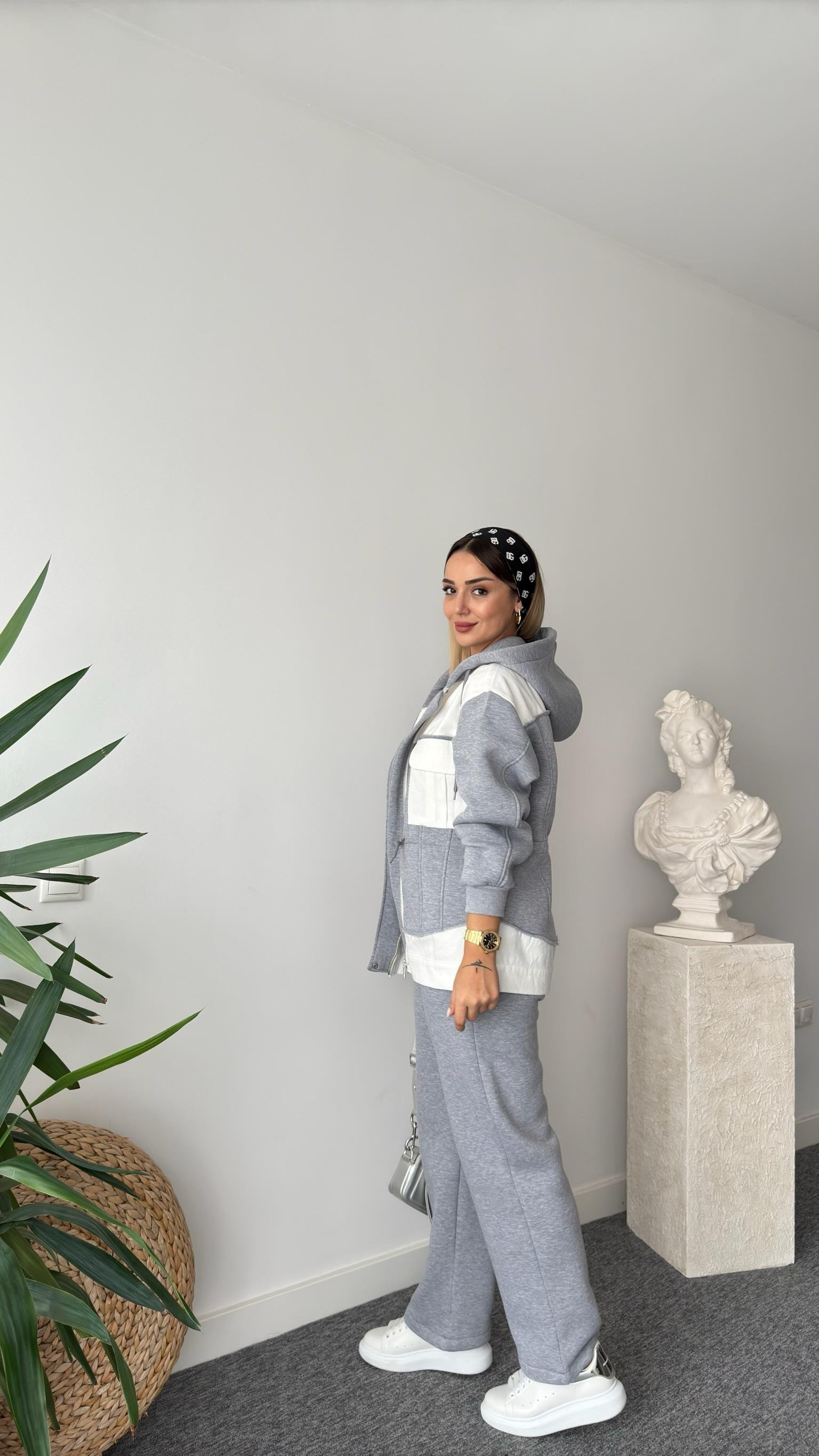 Beyaz Gabardin Garnili Şardonlu Gri Eşofman Takımı