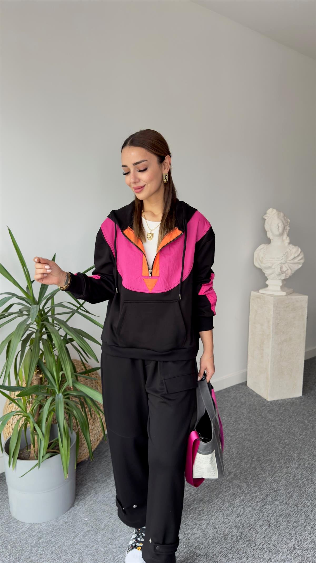 Flat Yarım Fermuar Fuşya Detay Sweat