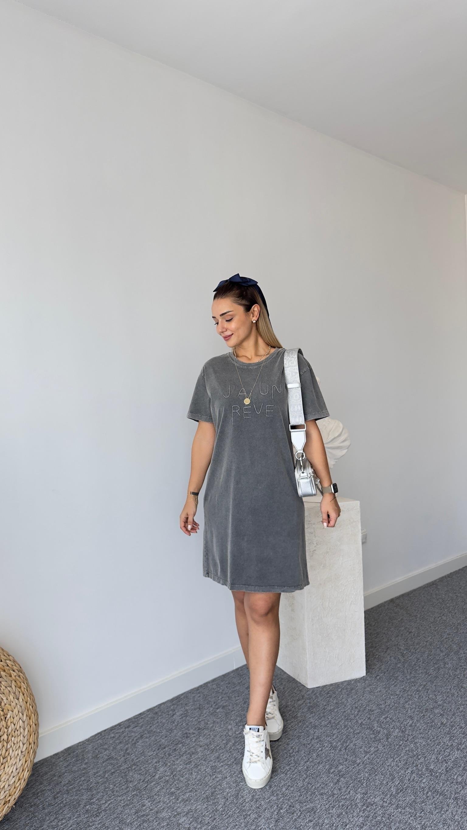 Tws Model Yazı Detaylı Yıkamalı Elbise 