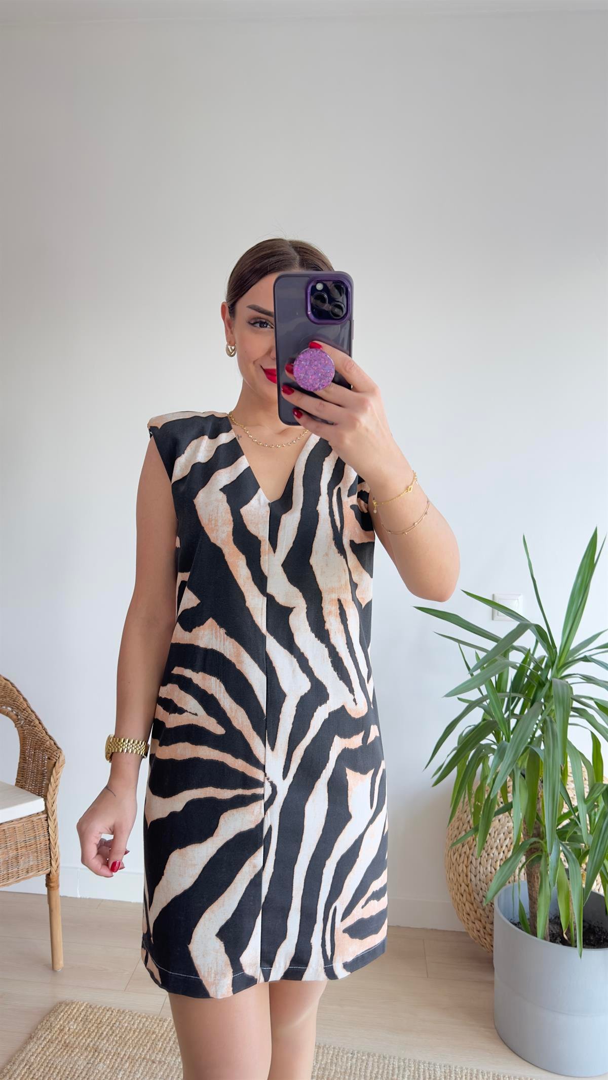 Laila Zebra Desen Vatkalı Elbise 