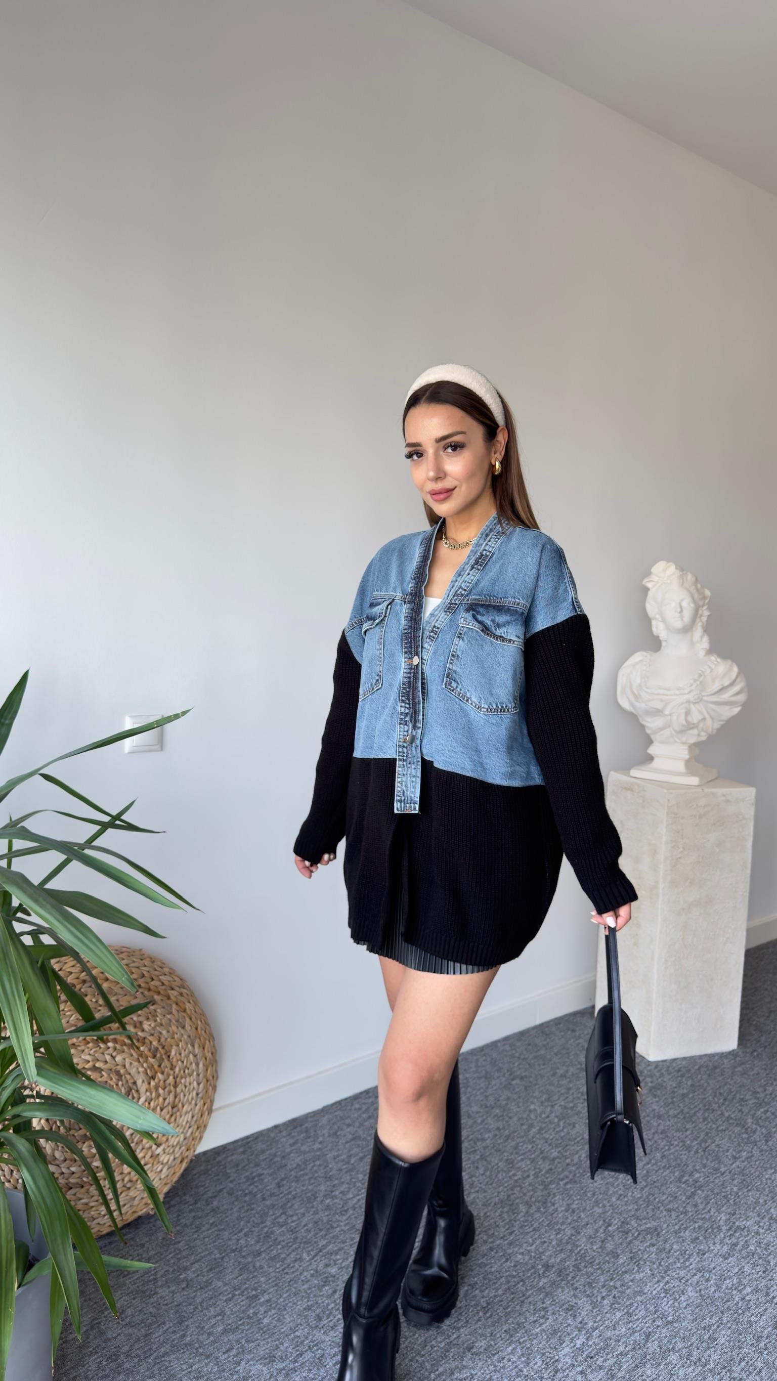 Üstü Kot Altı Siyah Triko Detaylı Hırka 