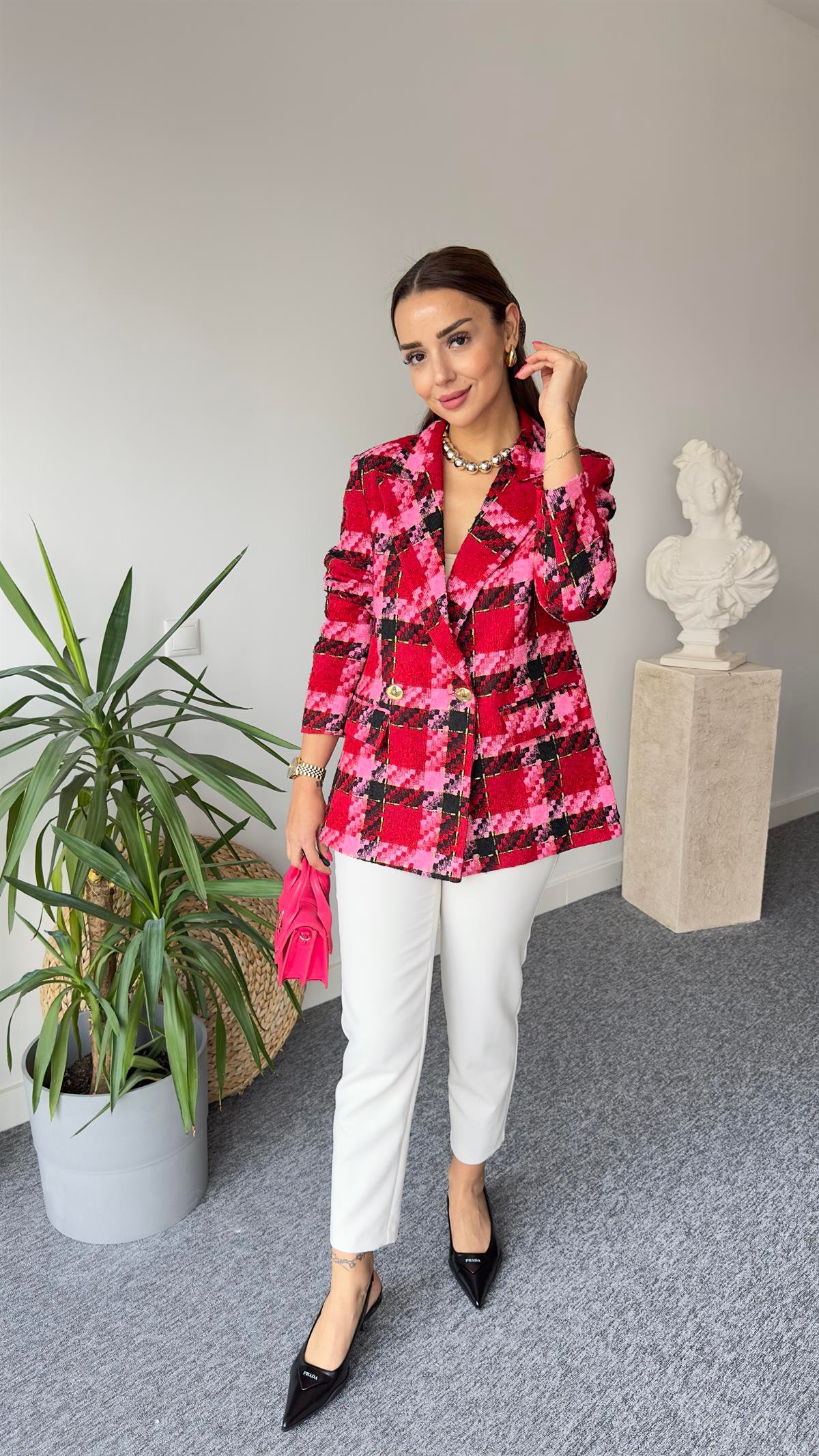 Kırmızı Pembe Renk Geçişli Blazer Ceket