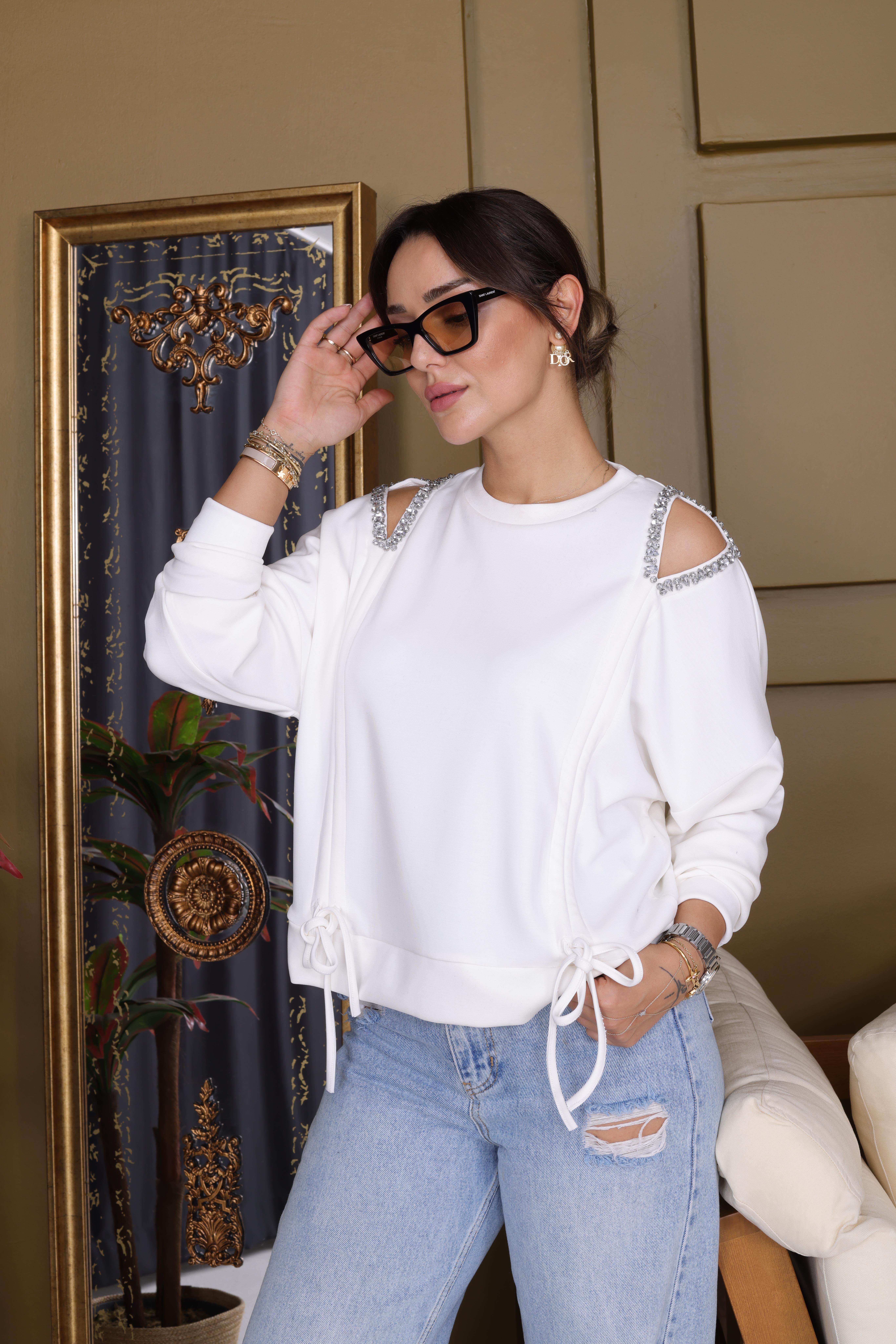Beyaz Loden Pencere Detay Taş İşlemeli Modal Sweat