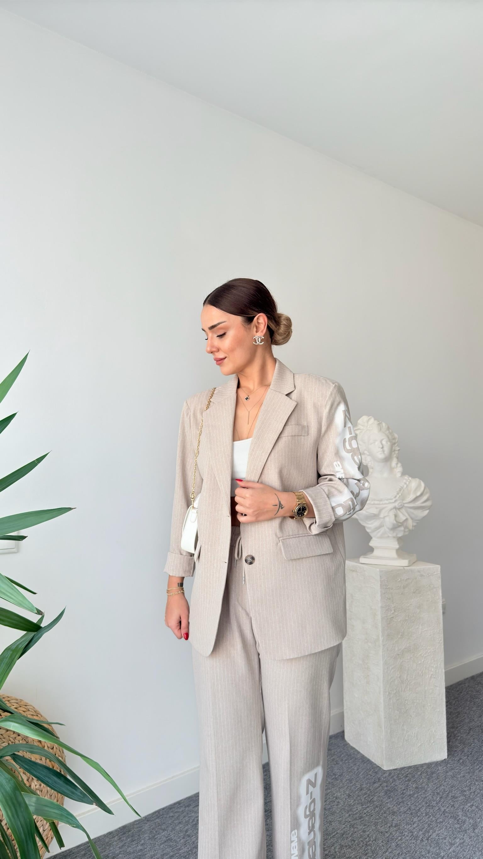 Bien Çizgili Bej Blazer Ceket
