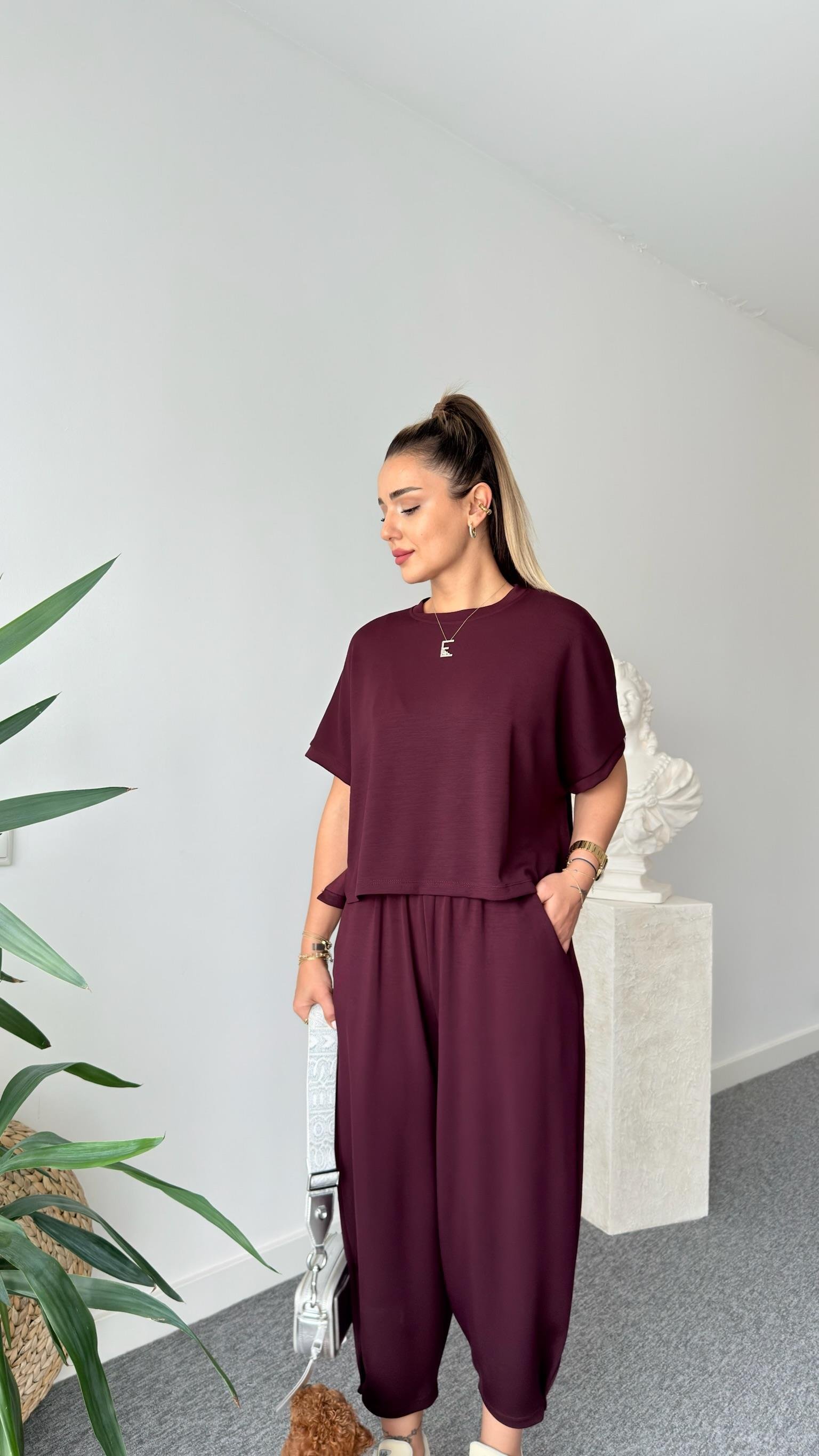 Premium Modal Bordo Şalvar Pantolon Takım