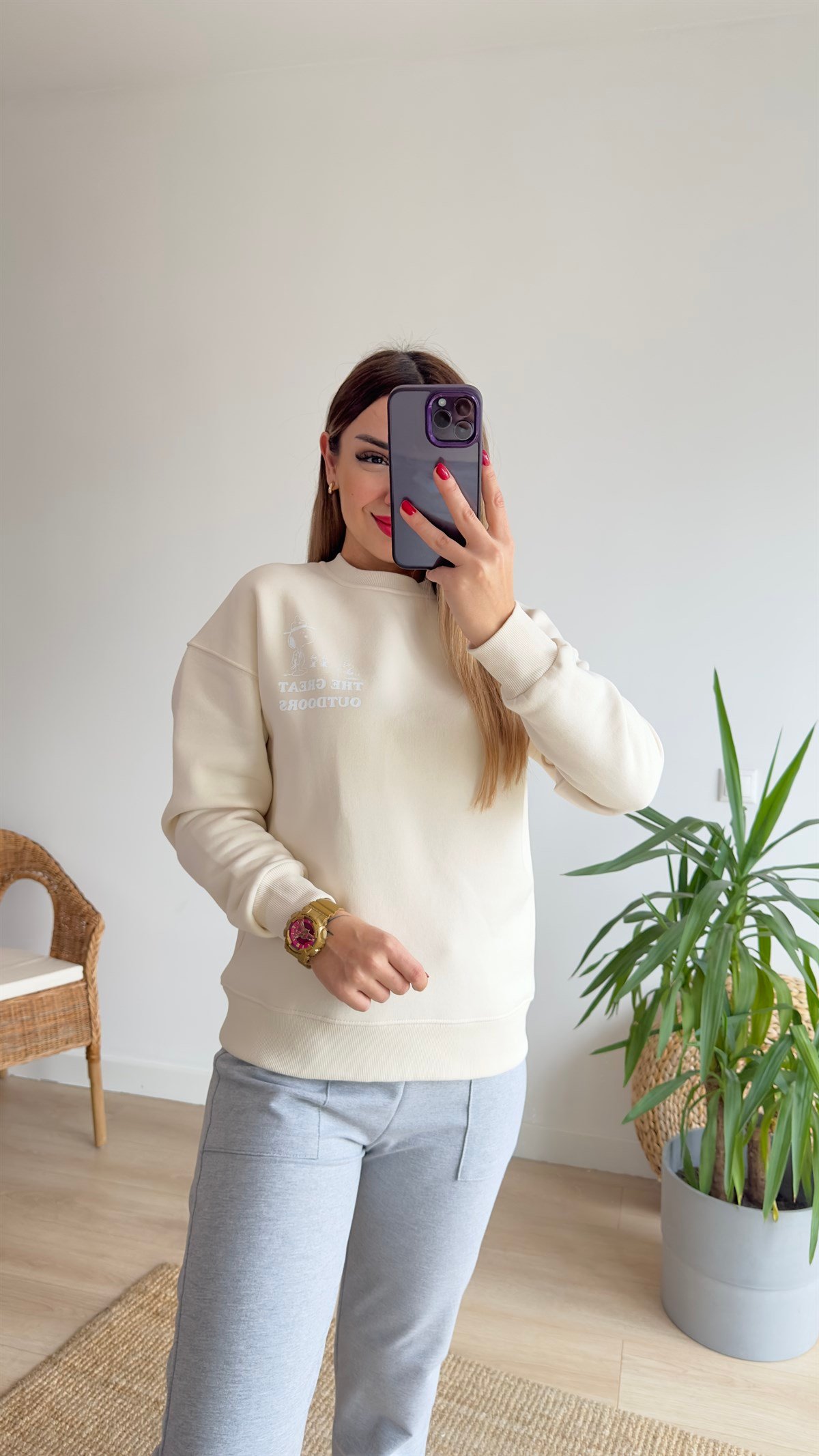 Snoopy Baskılı Bej Sweatshirt