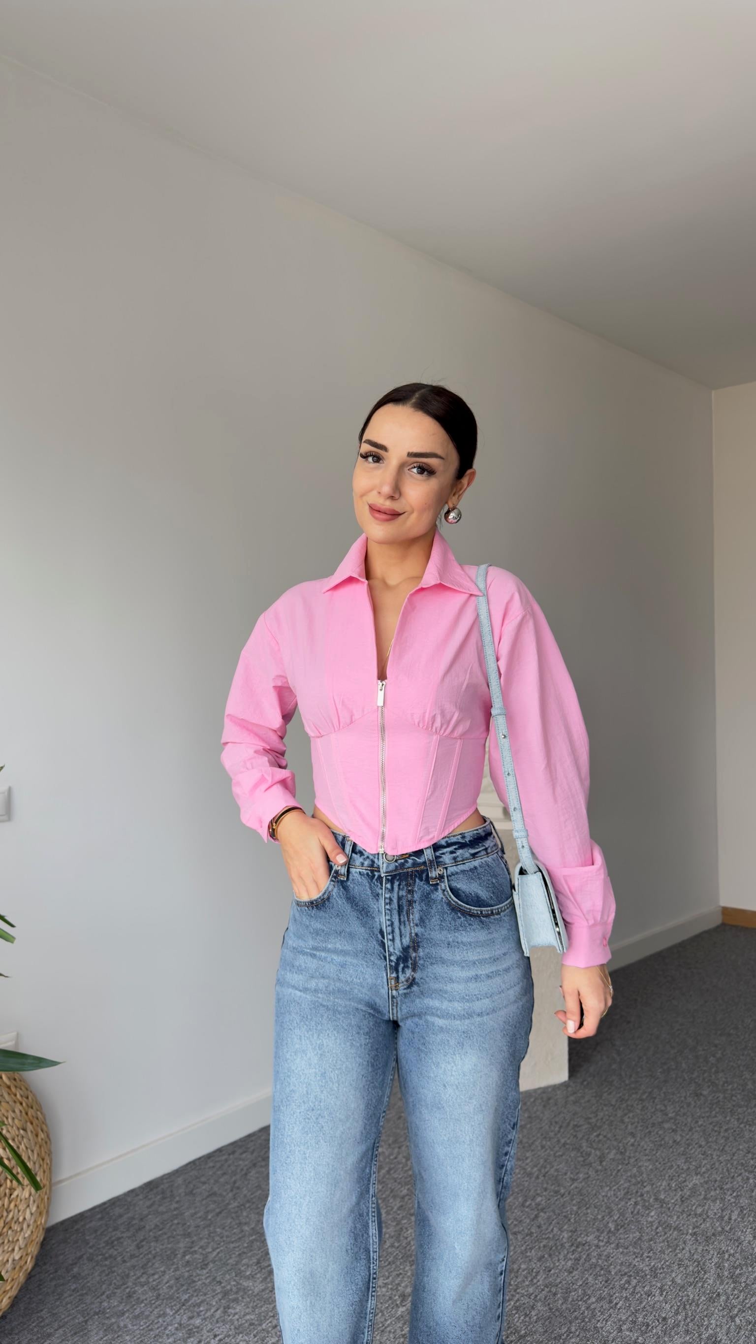 Korse Efektli Orj Model Pembe Gömlek