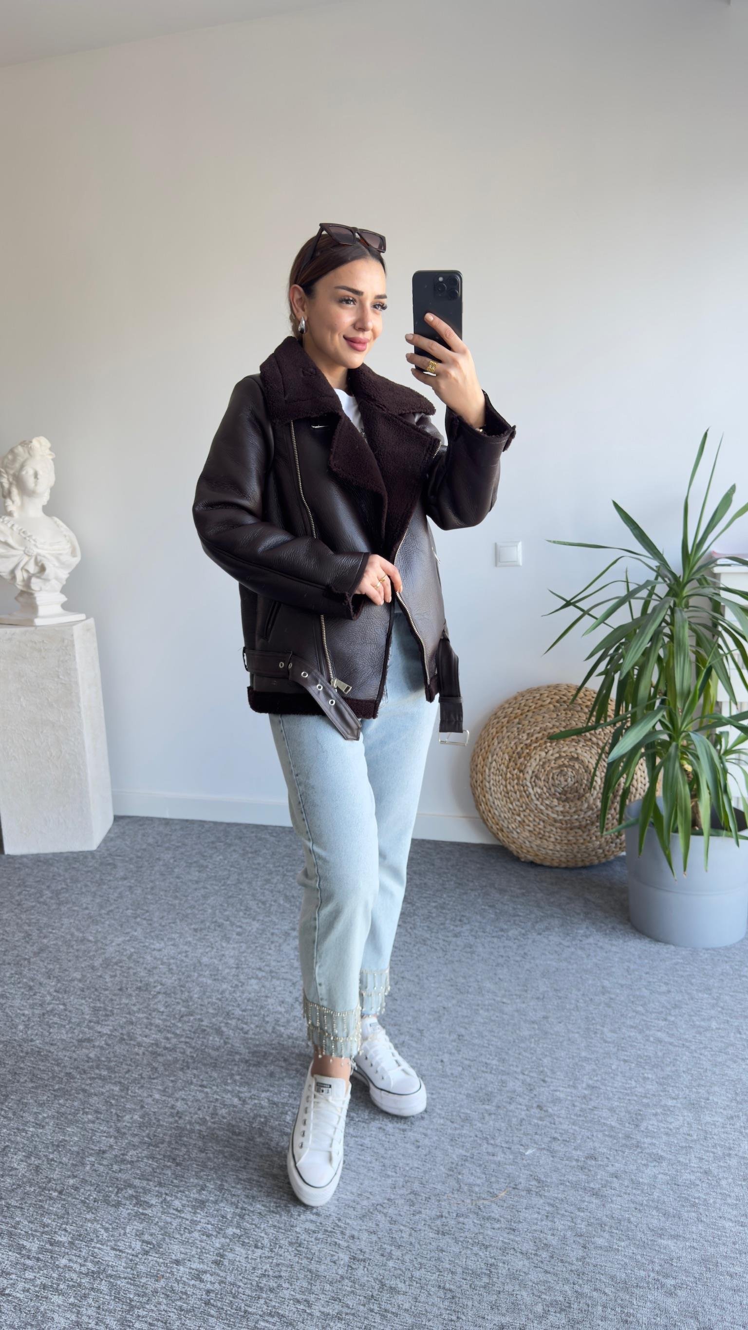 Zra Model Kemerli Kahve Biker Mont