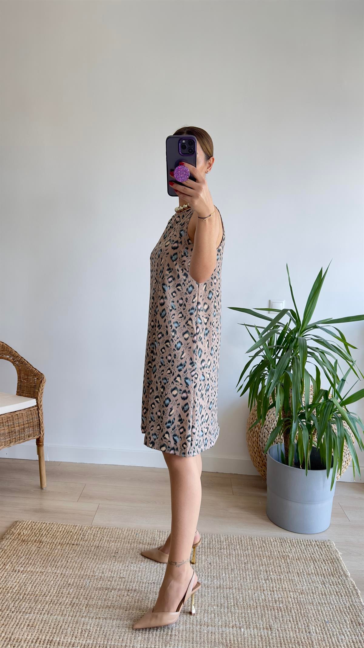 Rovena Leopar Desenli Kahve Elbise 