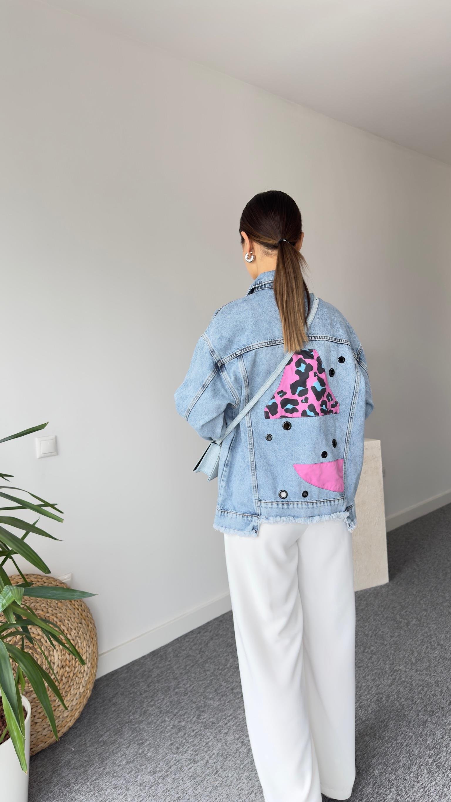 Lera Pembe Leopar Detaylı Tasarım Jean Ceket