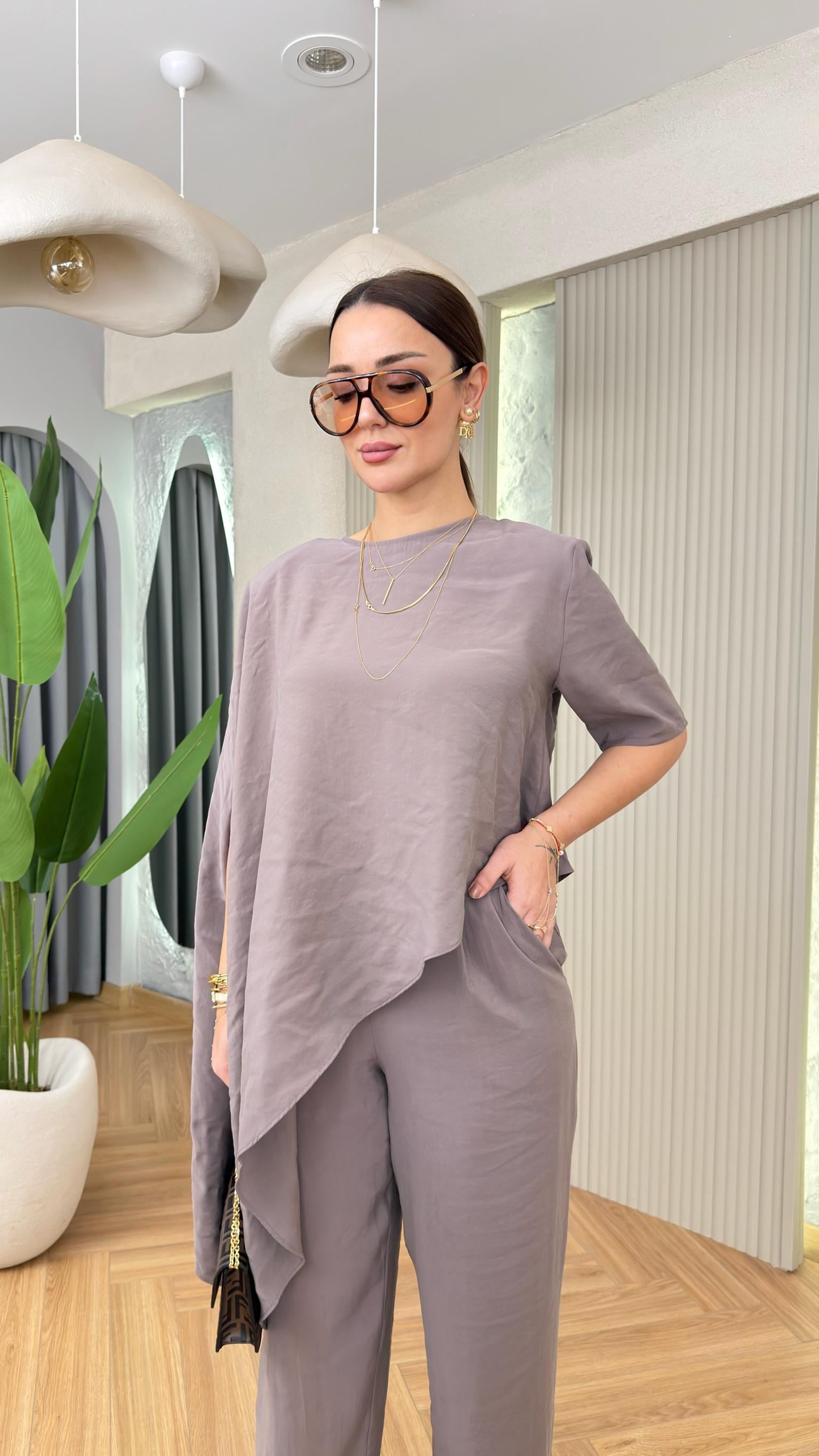 Vizon Pella Asimetrik Bluz Pantolon Takım