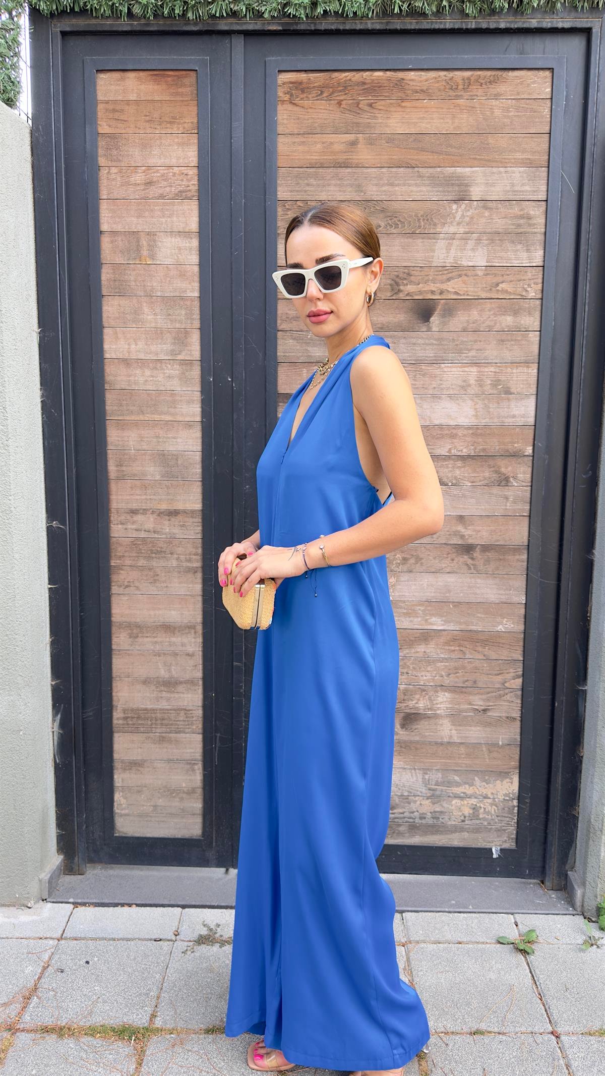 Senia Fermuarlı Mavi Saten Tulum