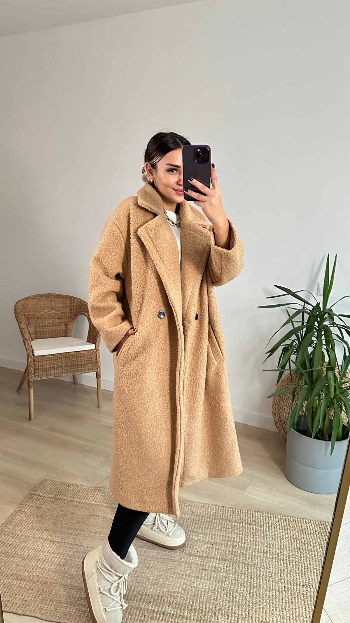 Camel Astarlı Buklet Kaban