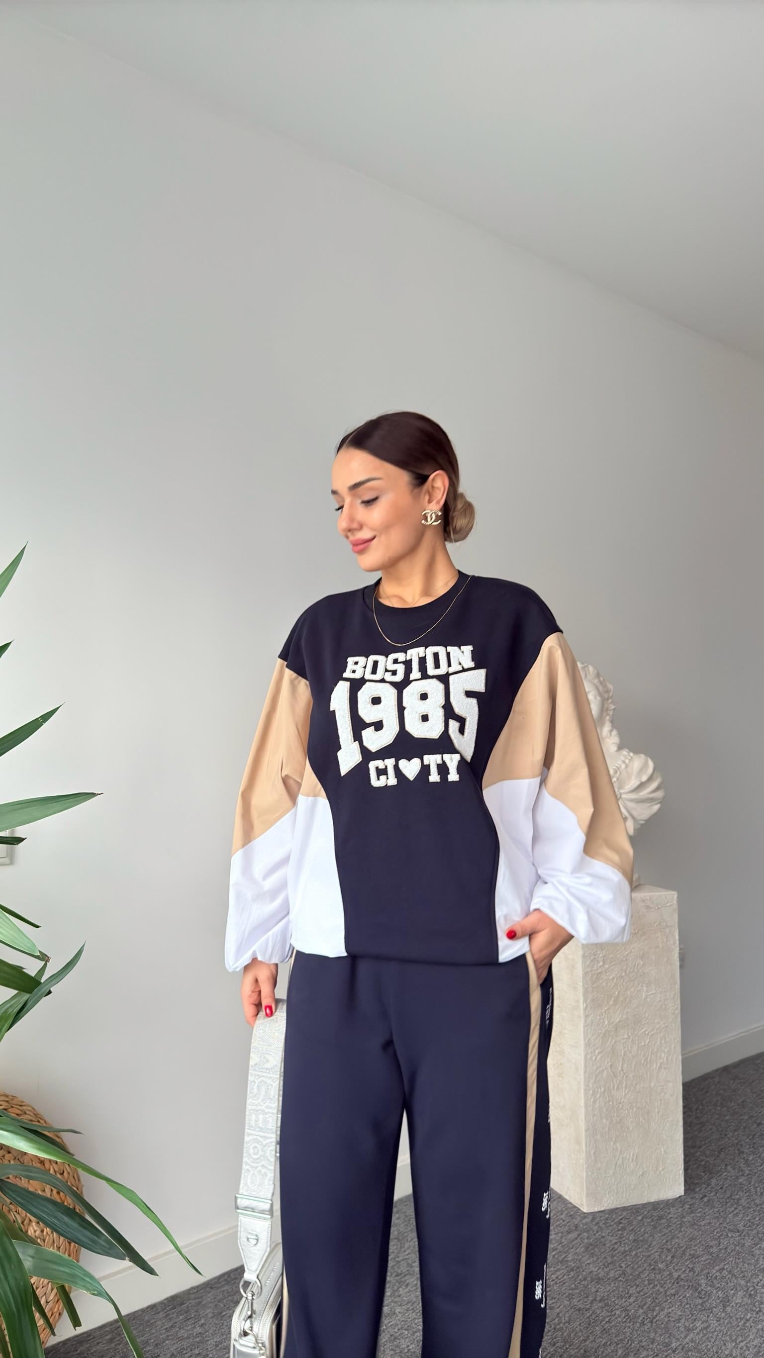 Boston Yazılı Poplin Garnili Sweatshirt