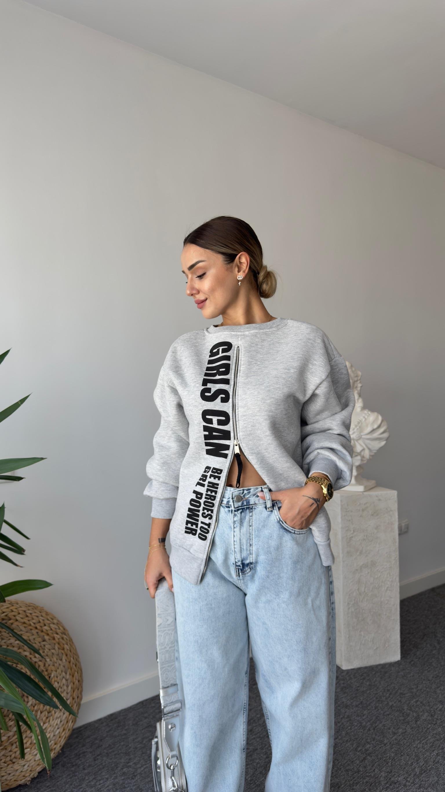 Berlin Fermuar Ve Yazı Detaylı Gri Sweatshirt