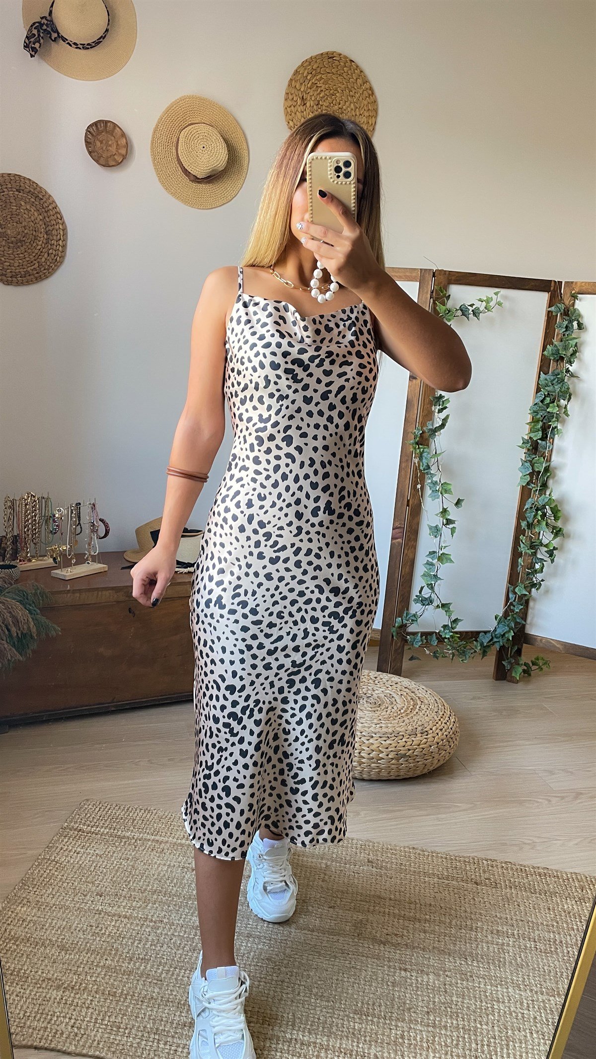Leopar Desen Saten Elbise
