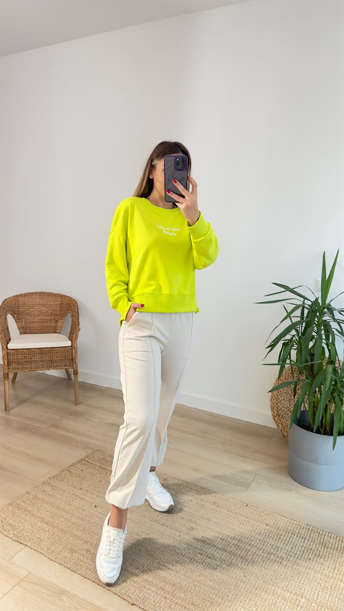İki İplik Yazılı Yeşil Sweat