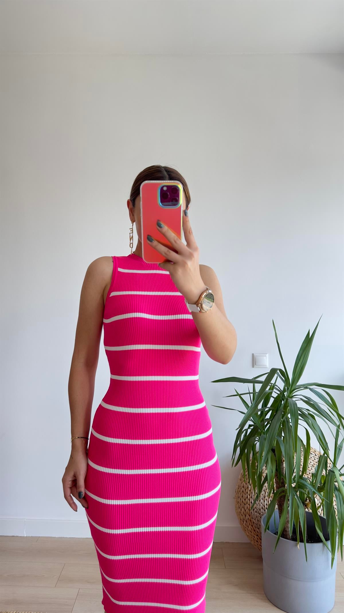 Nisen Kolsuz Çizgili Pembe Triko Elbise 