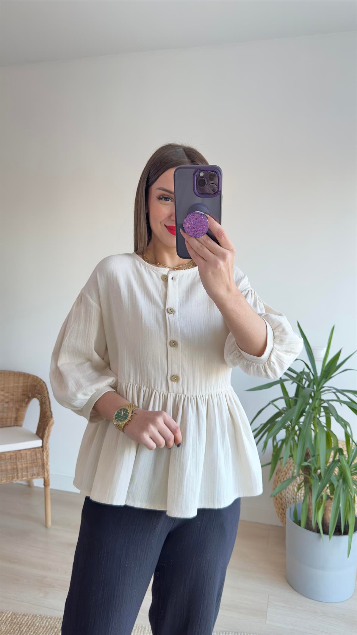 Düğmeli Keten Bluz