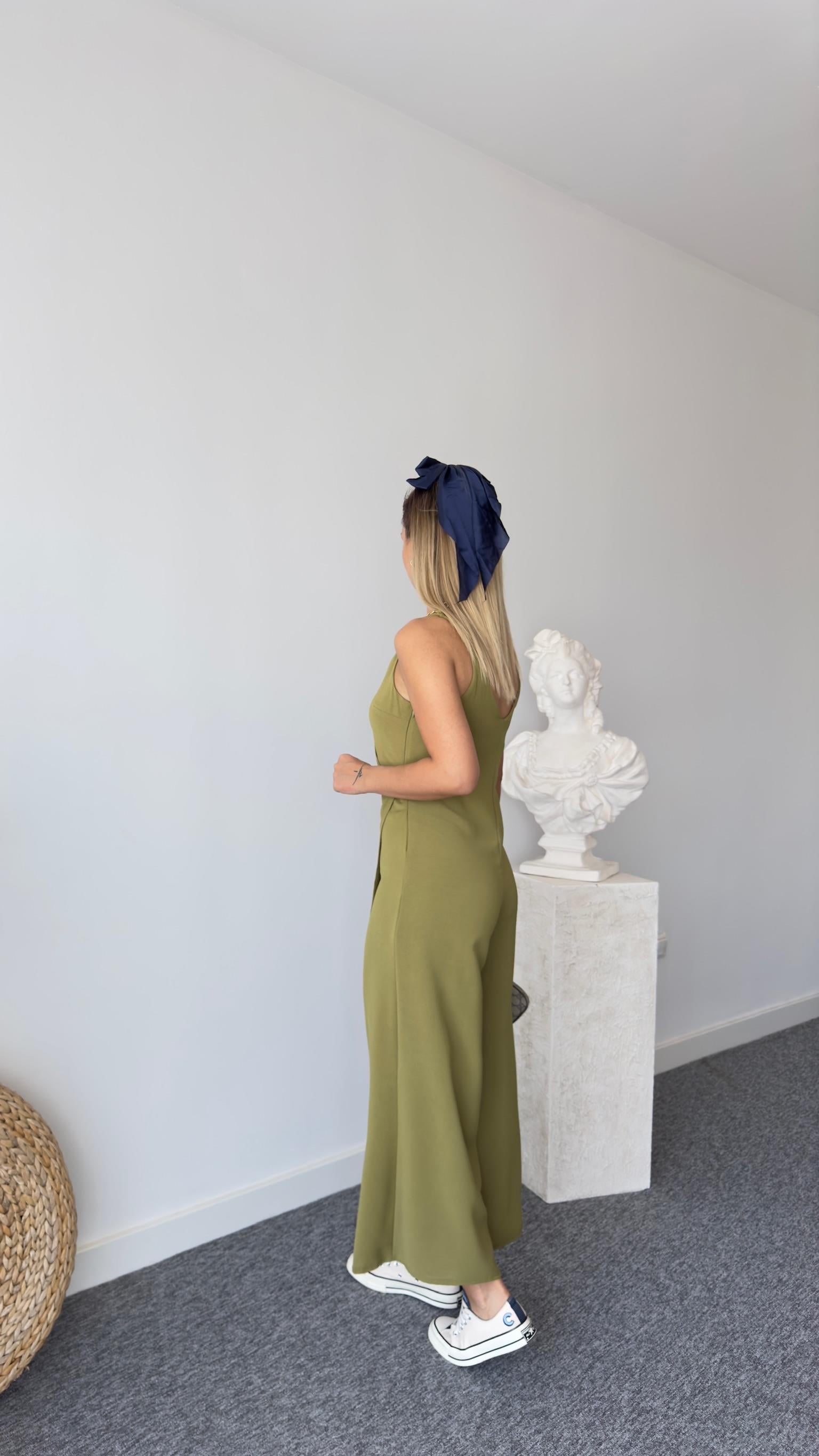 Orj Model Kapak Detaylı Yeşil Askılı Tulum