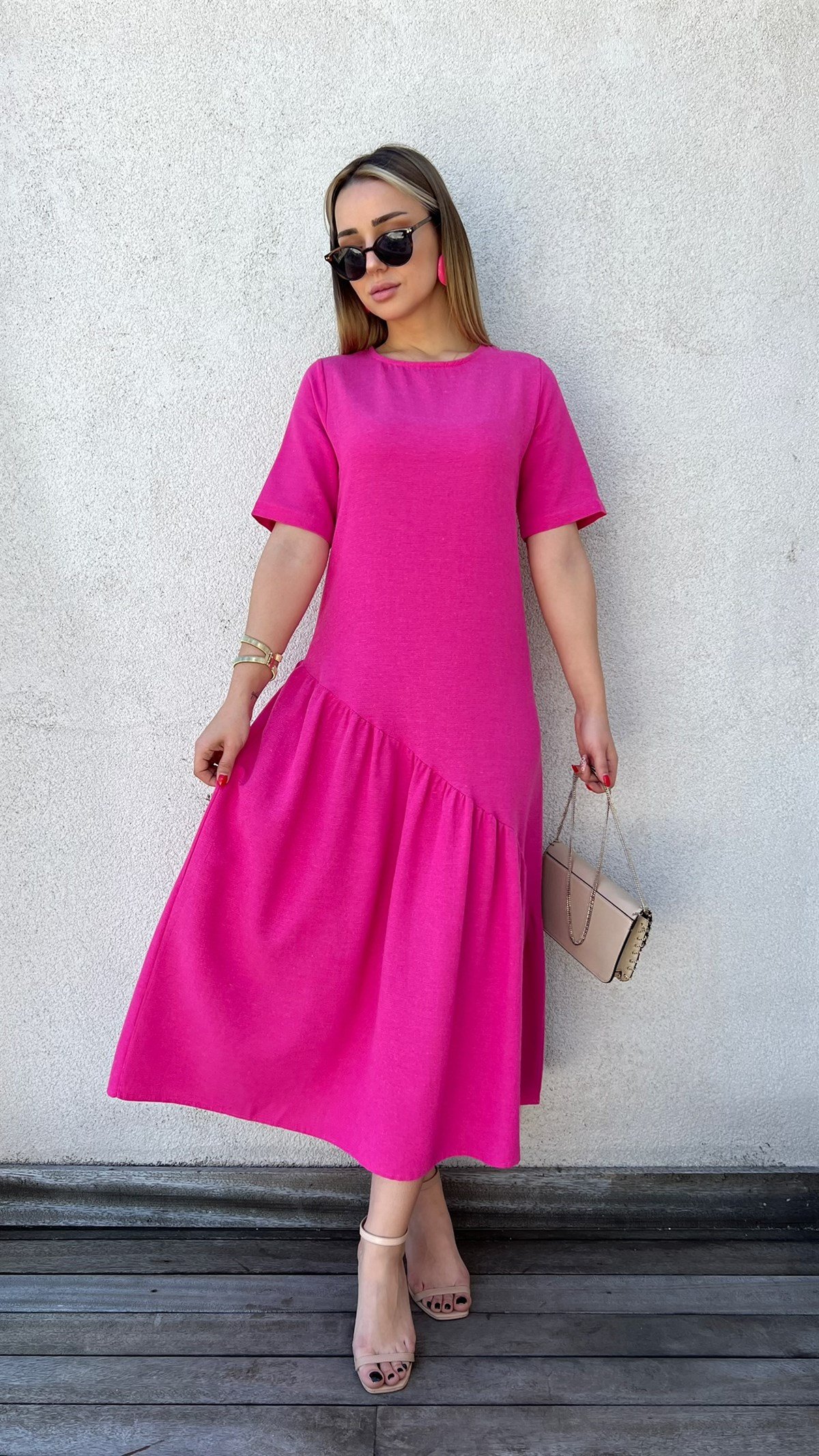 Pembe Verev Kesim Keten Elbise