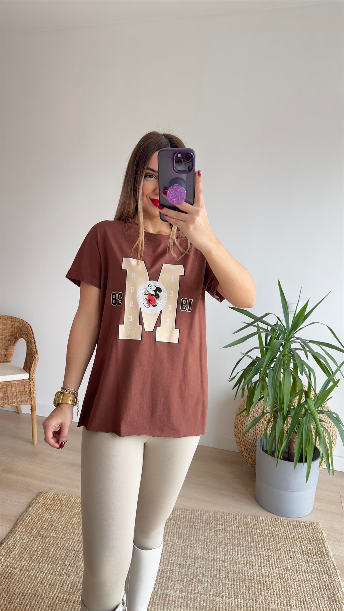 M Baskı Kahve Tshirt