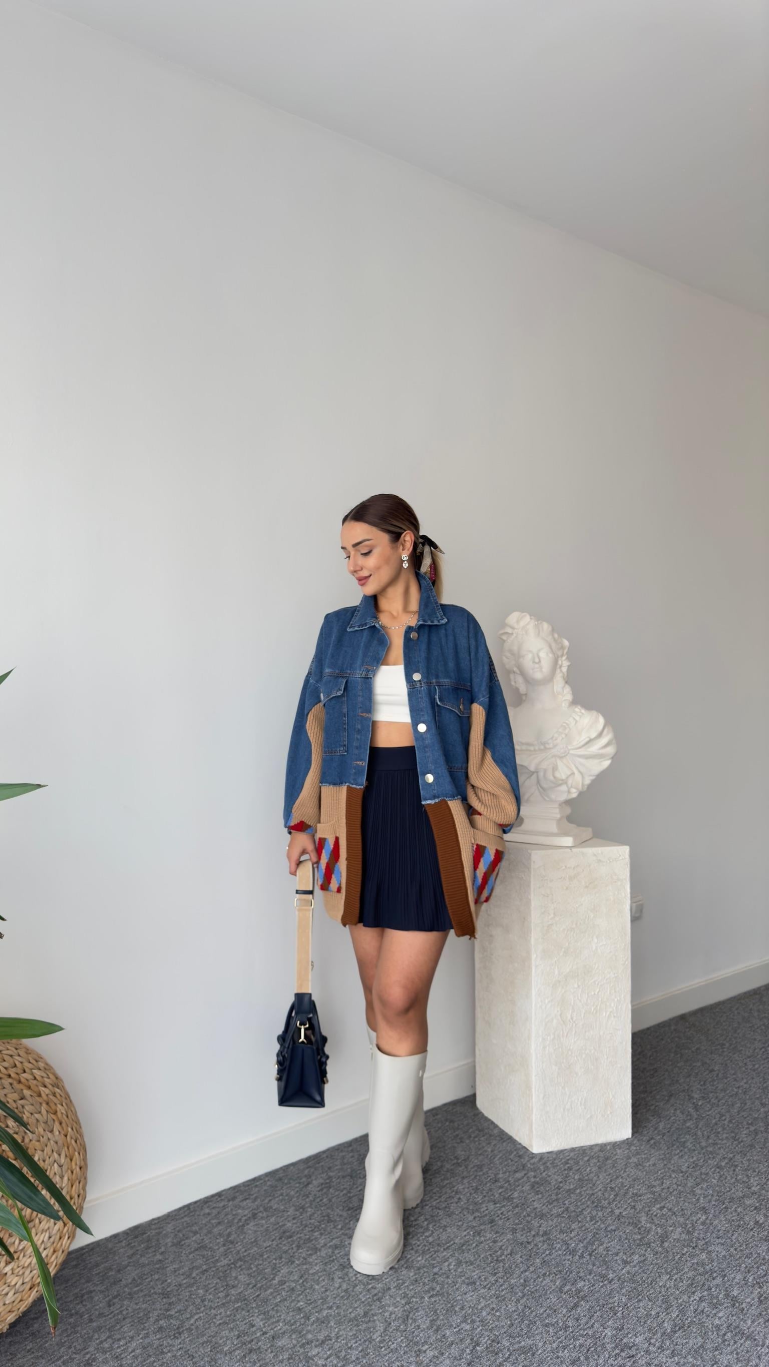 Norber Alt Kahve Trikolu Denim Hırka