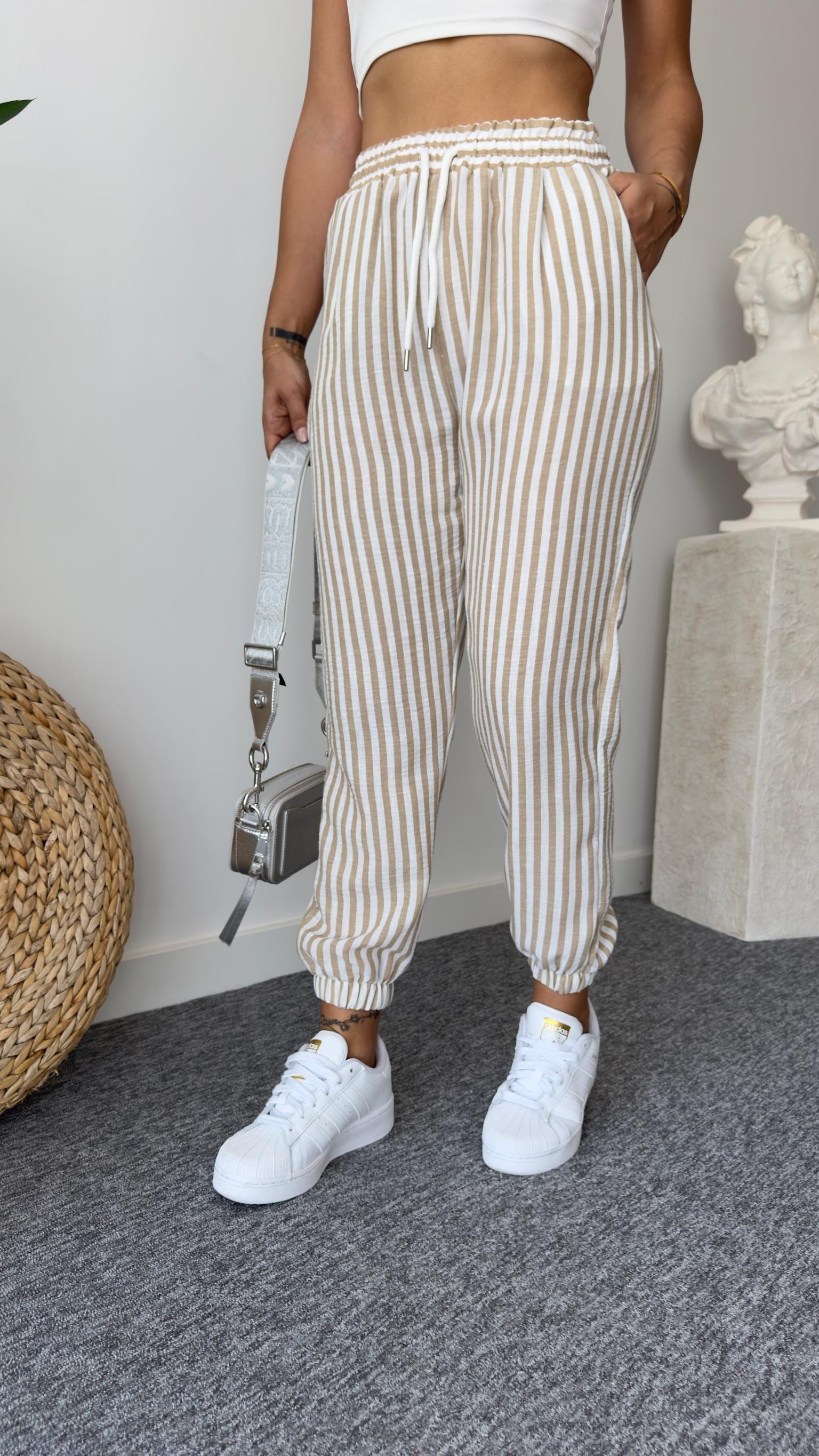 Bej Çizgili Keten Jogger Pantolon