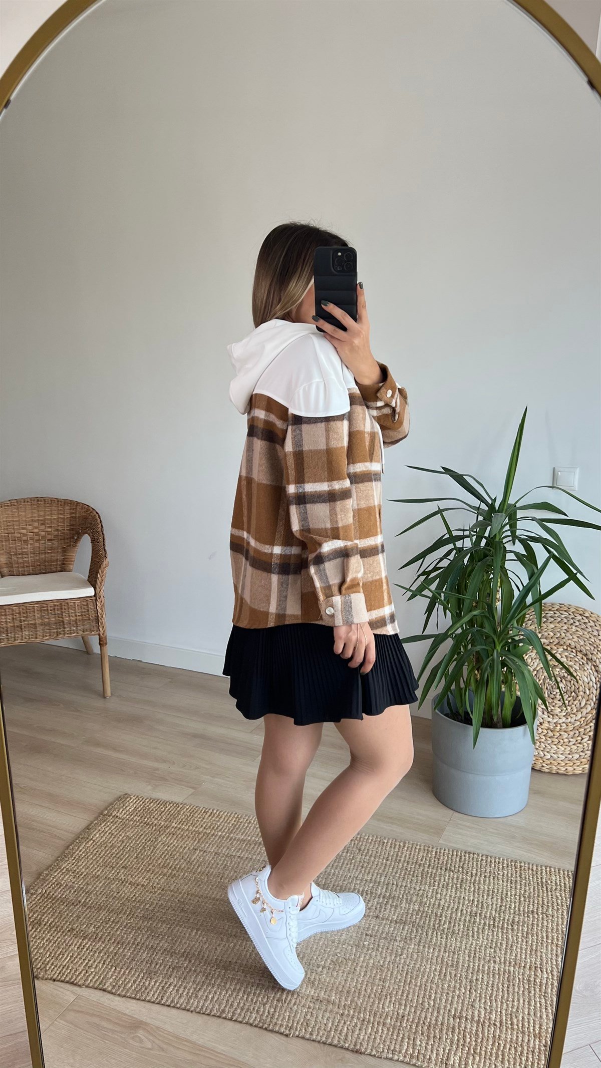 Bej Ekose Detay Kapüşonlu Sweatshirt