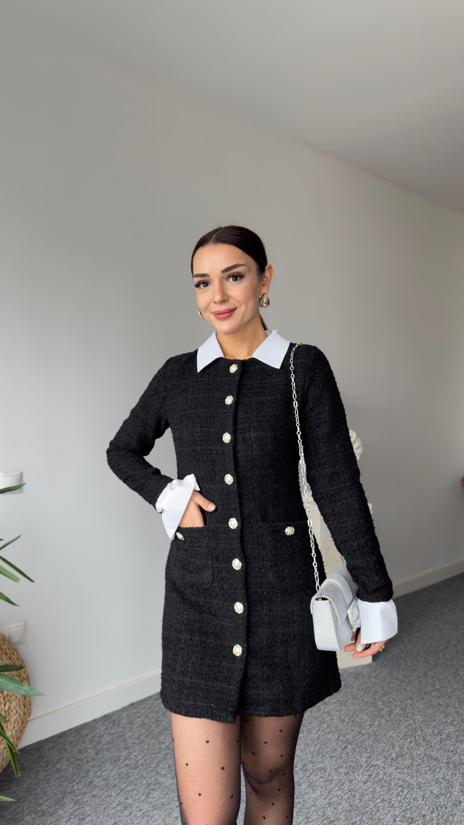 Helena Gömlek Yaka Siyah Tüvit Elbise