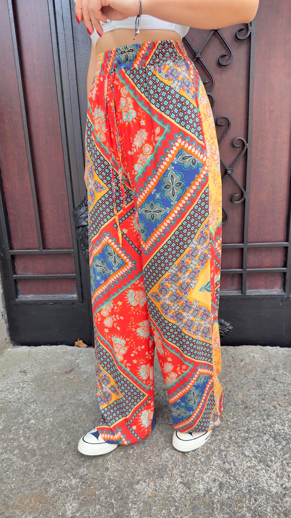 San Etnik Desenli Renkli Viskon Pantolon
