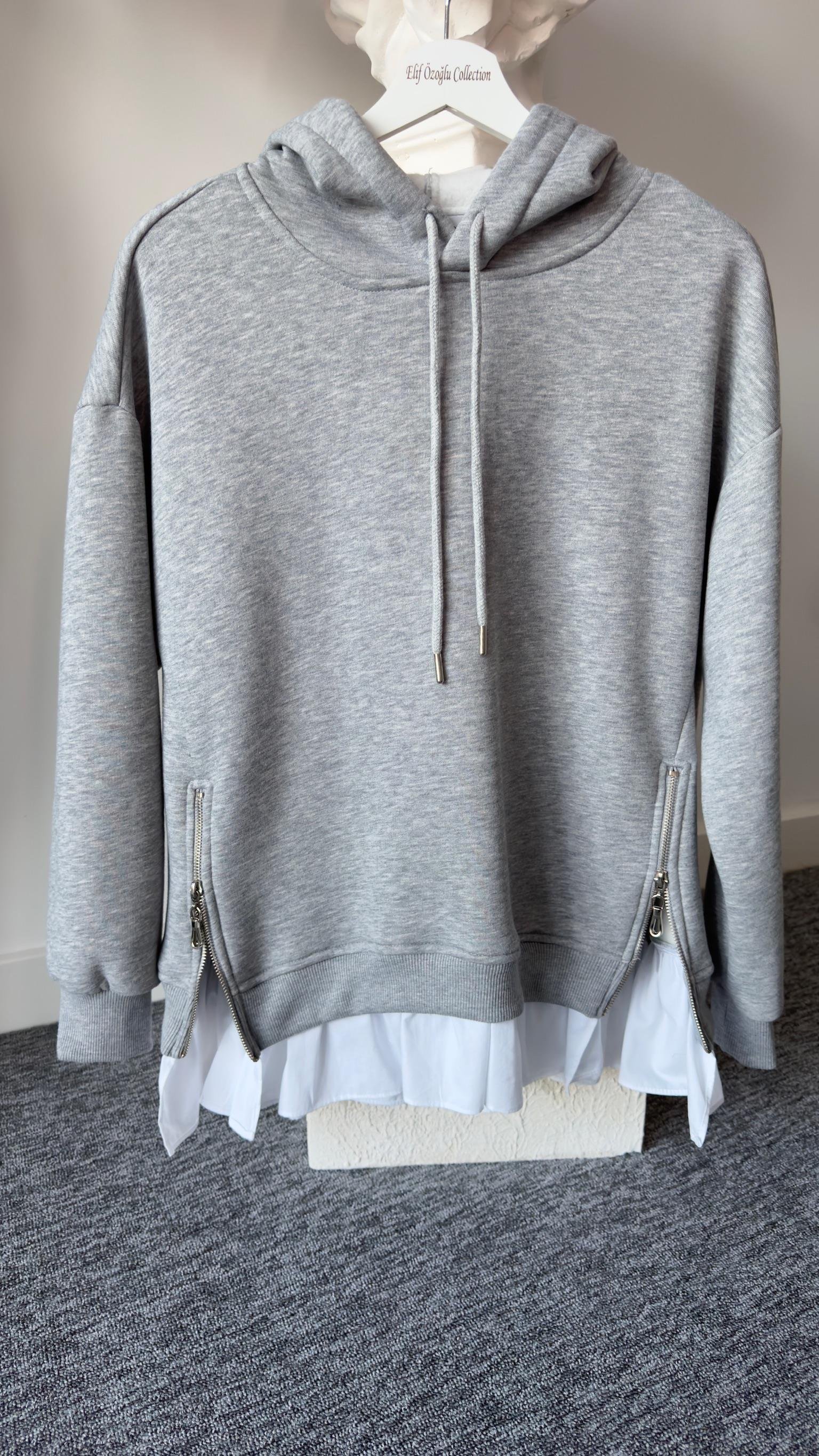 Altı Poplin Detay Yanlar Fermuarlı Gri Sweat