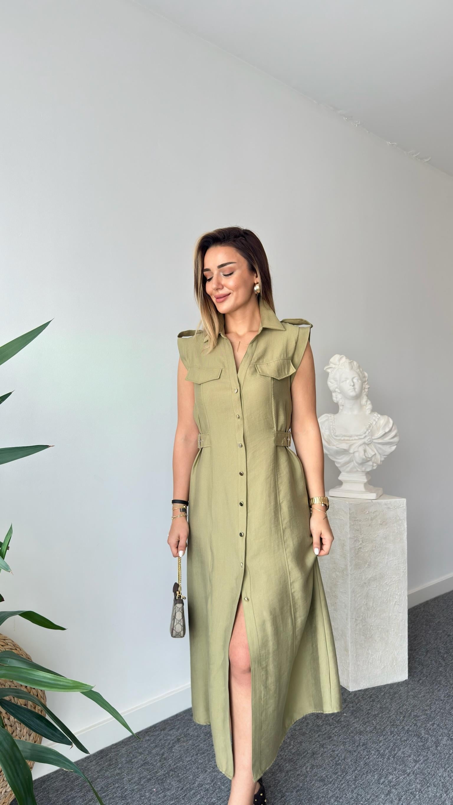 Yeşil Yan Kemerli Zra Model Tensel Elbise 