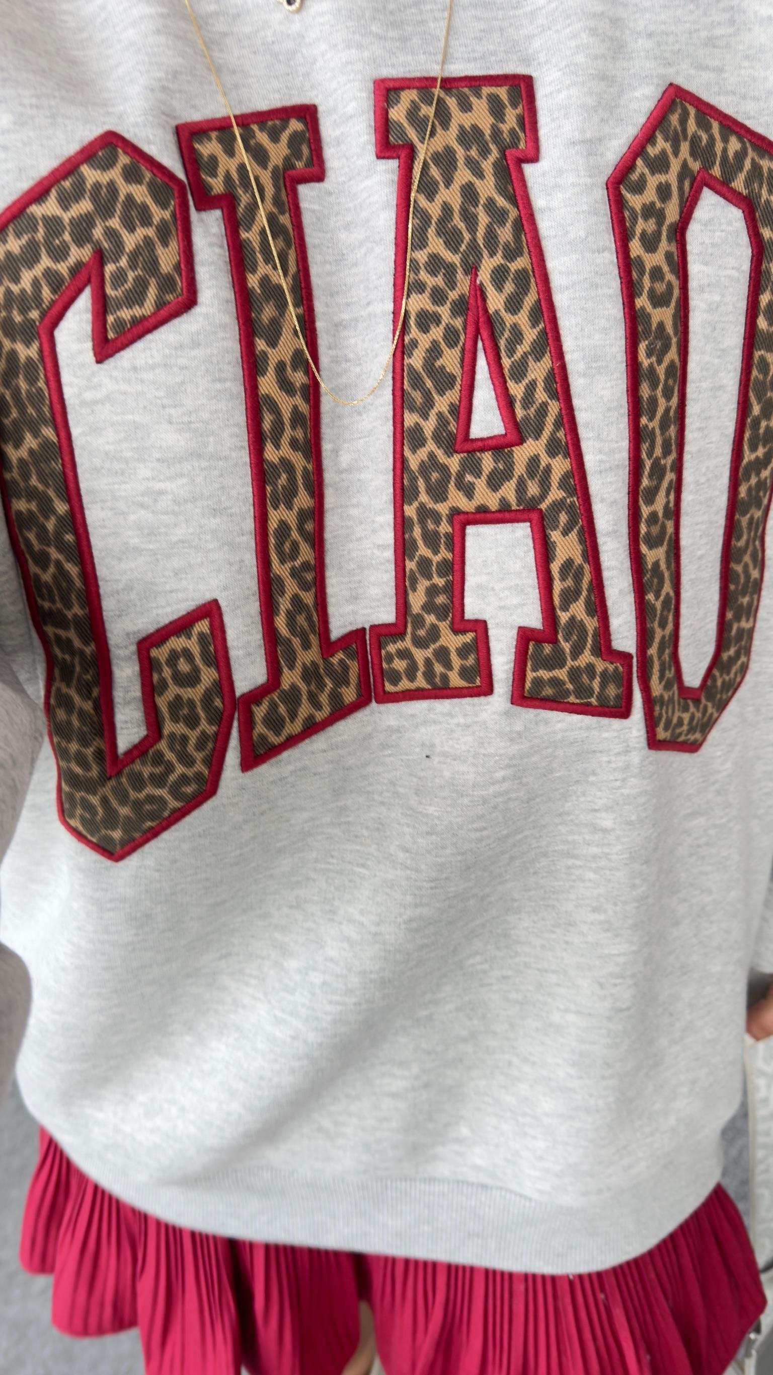 Leopar İşleme Yazı Detay Gri Sweatshirt