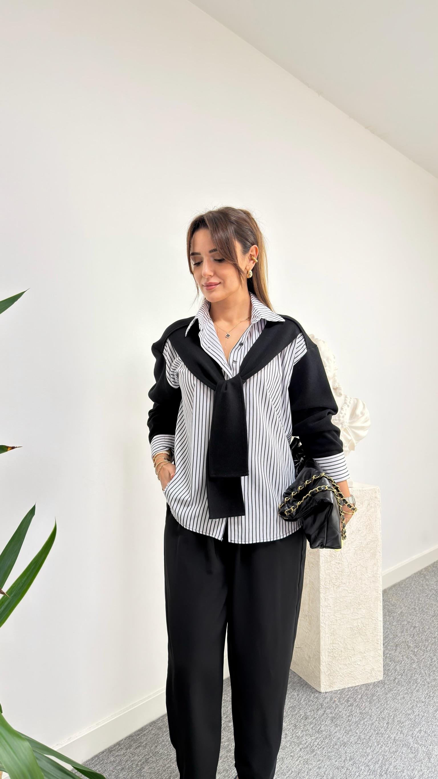 Siyah Palin Triko Şal Detaylı Çizgili Gömlek