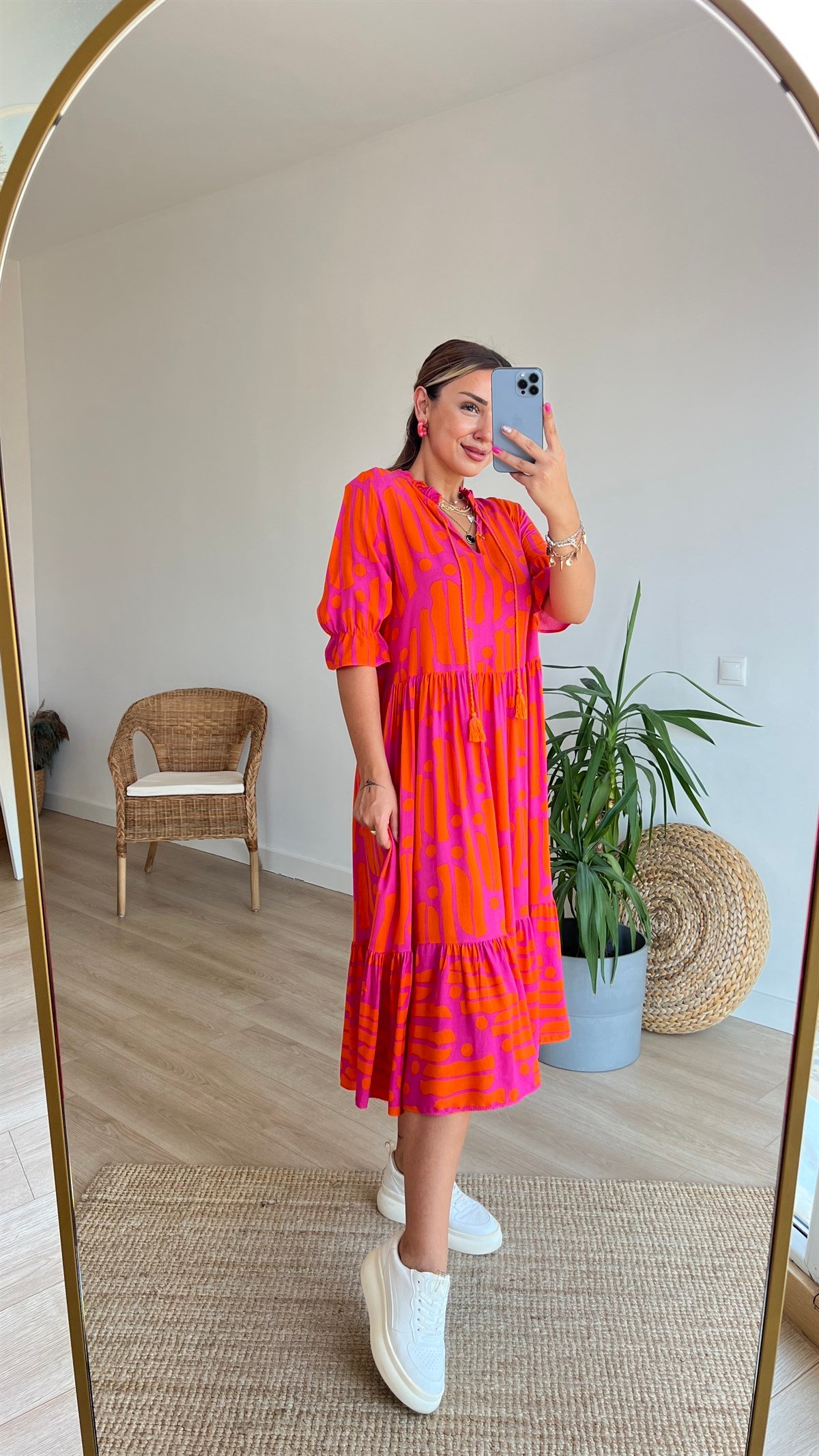 Turuncu Pembe Desenli Salaş Elbise