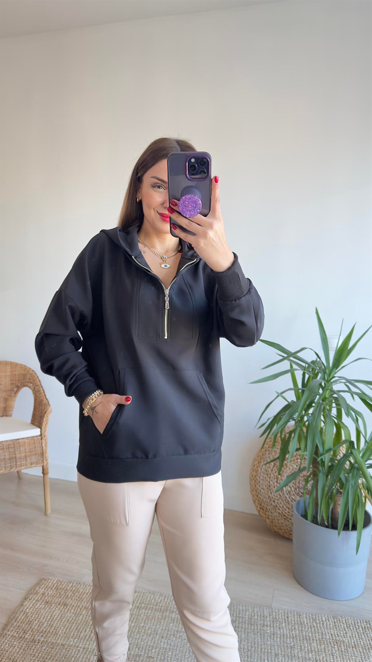 Yarım Fermuarlı Siyah Sweat