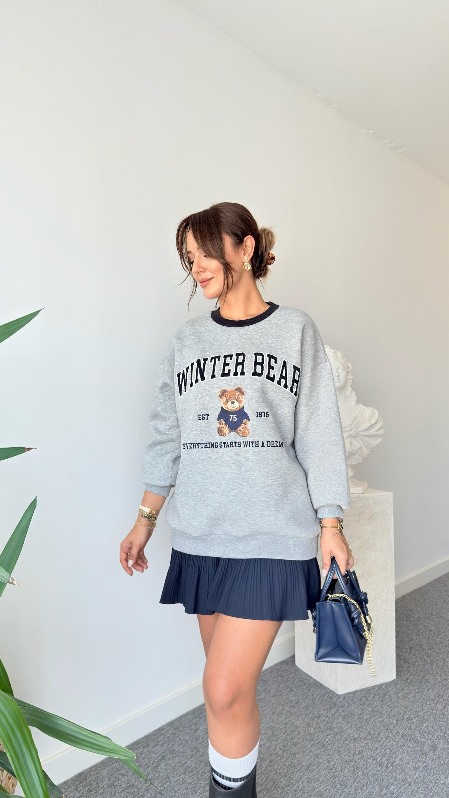 Rundo Ayıcık Detaylı Gri Sweatshirt