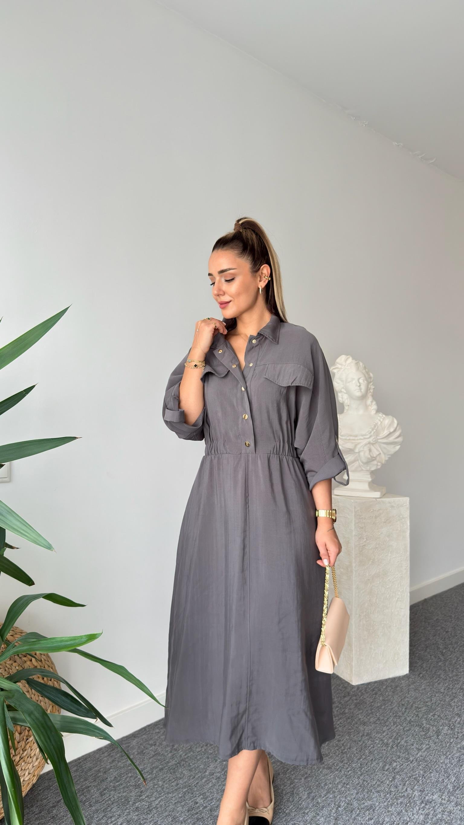 Gri Çıtçıtlı Zra Model Midi Elbise 