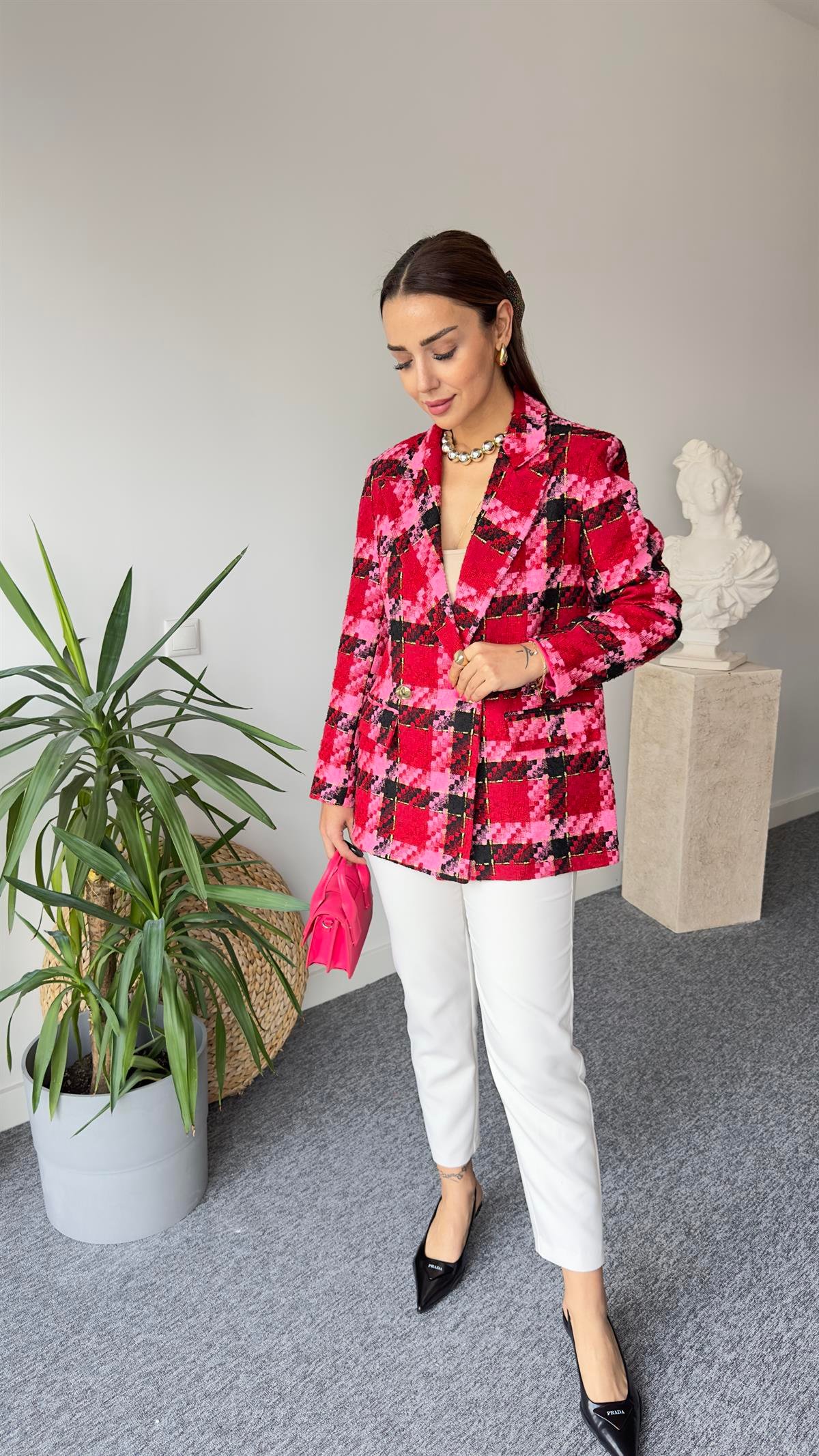 Kırmızı Pembe Renk Geçişli Blazer Ceket