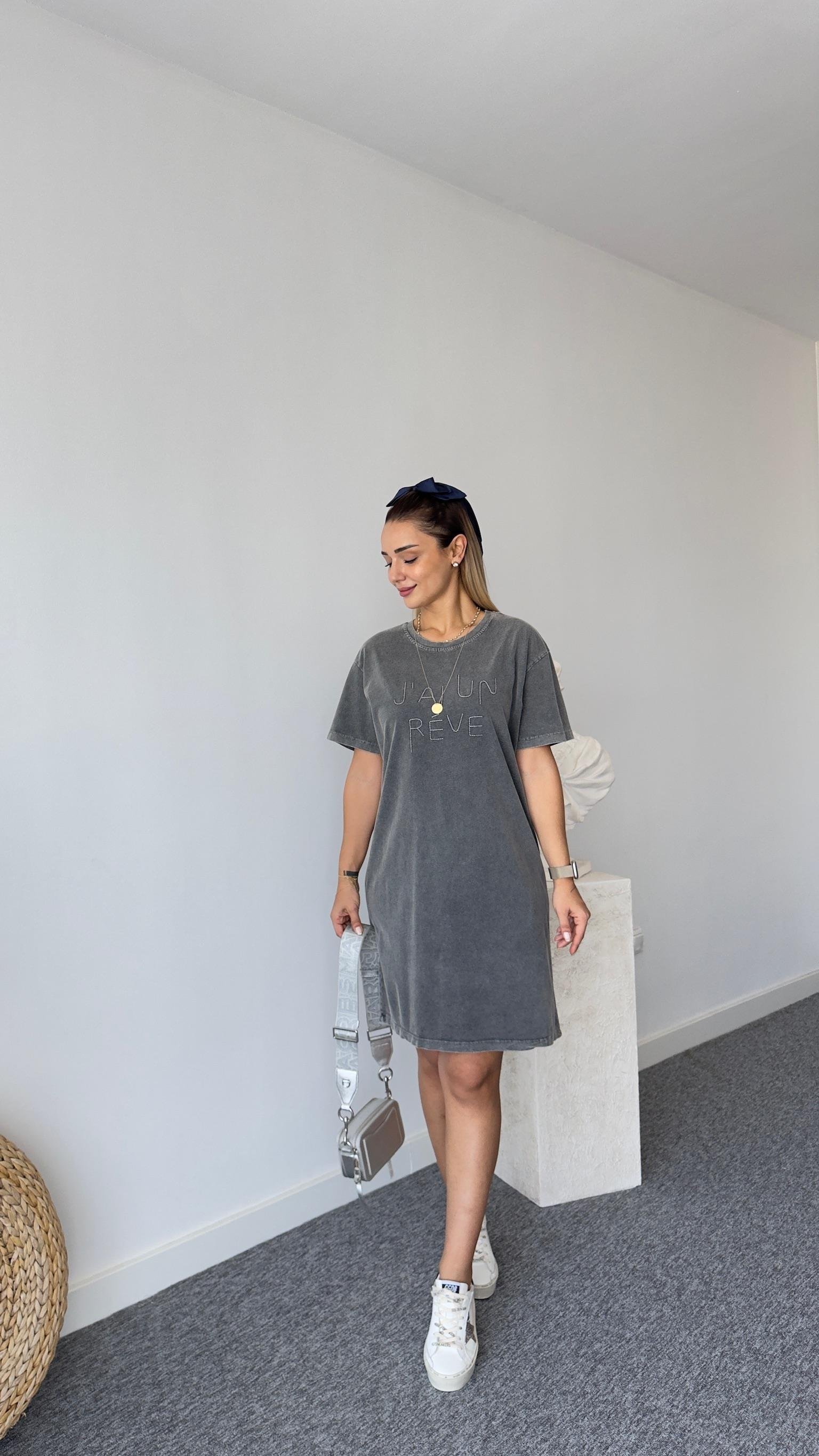 Tws Model Yazı Detaylı Yıkamalı Elbise 