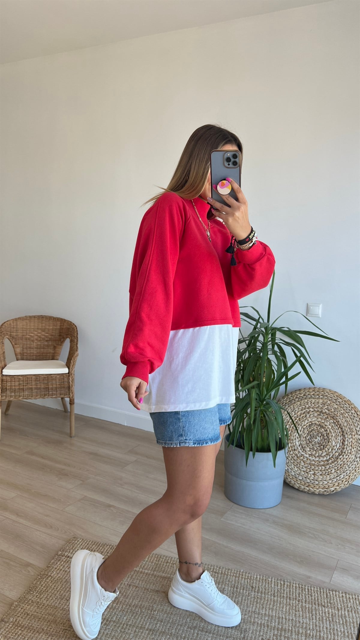 Balıkçı Yaka Tshirt Detaylı Kırmızı Sweat