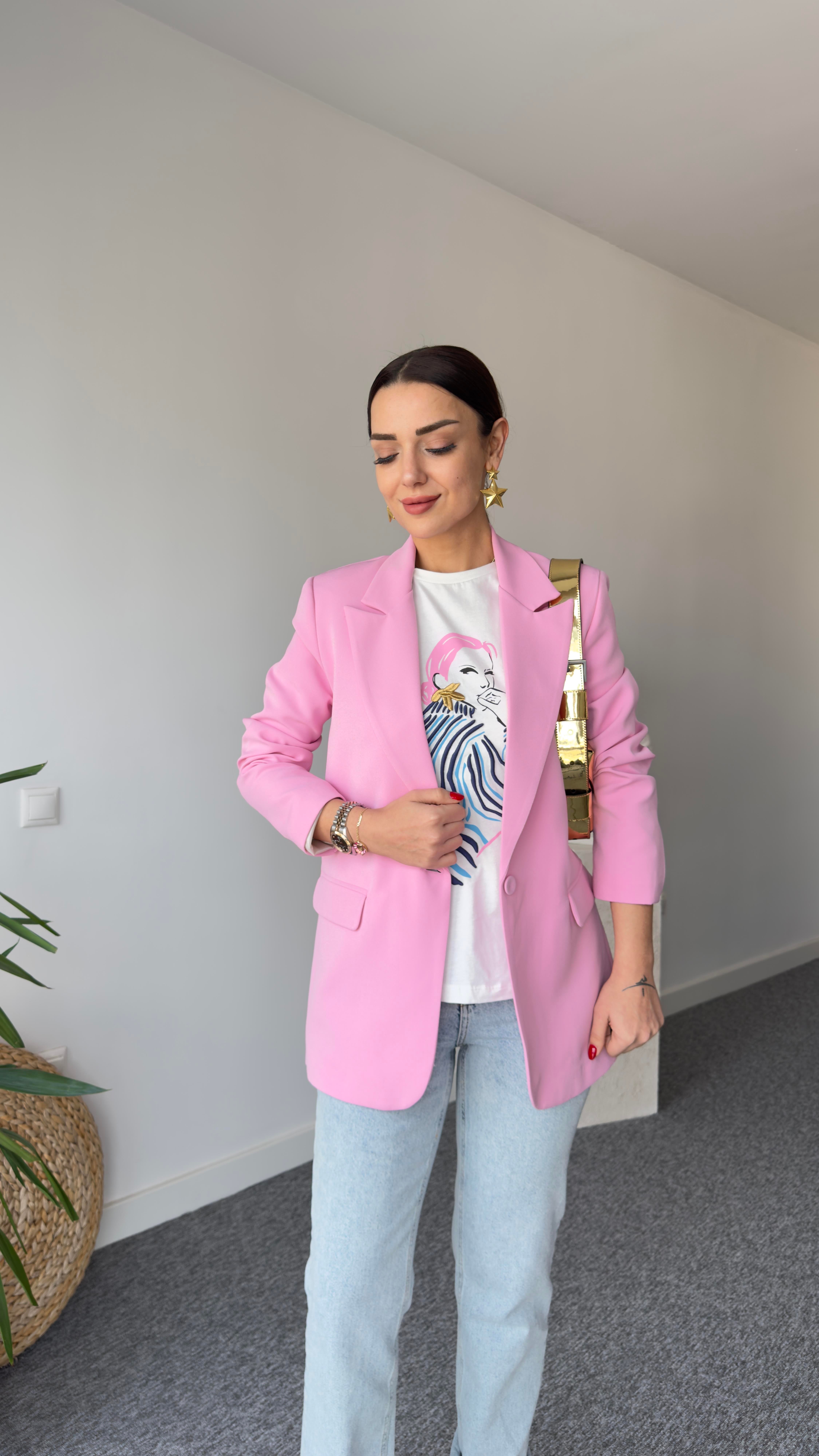 Tek Düğme Pembe Blazer Ceket