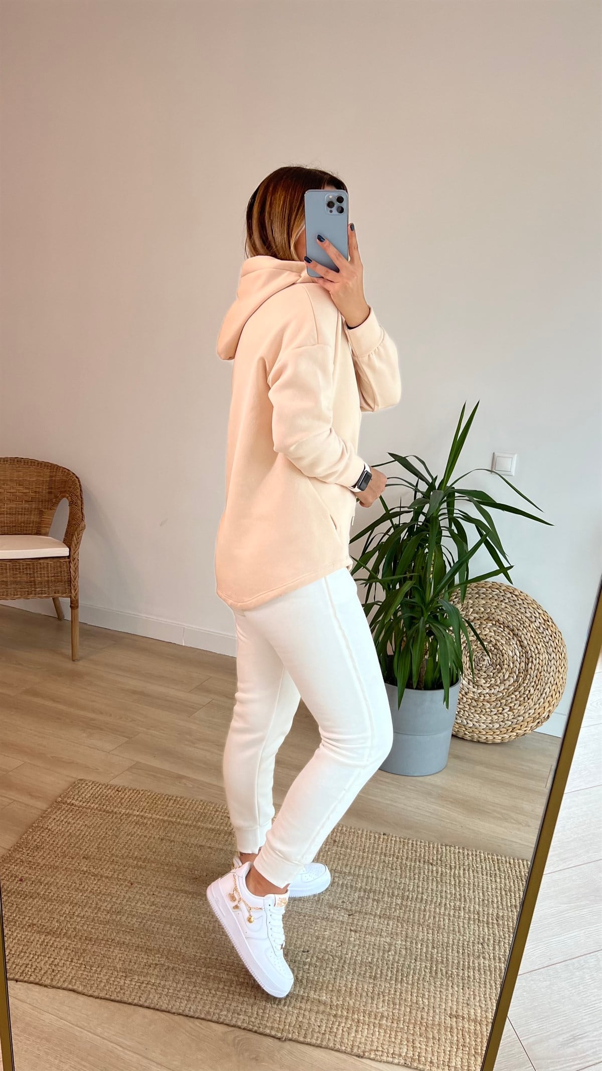  Kapüşonlu Yaka Detay Bej Sweatshirt